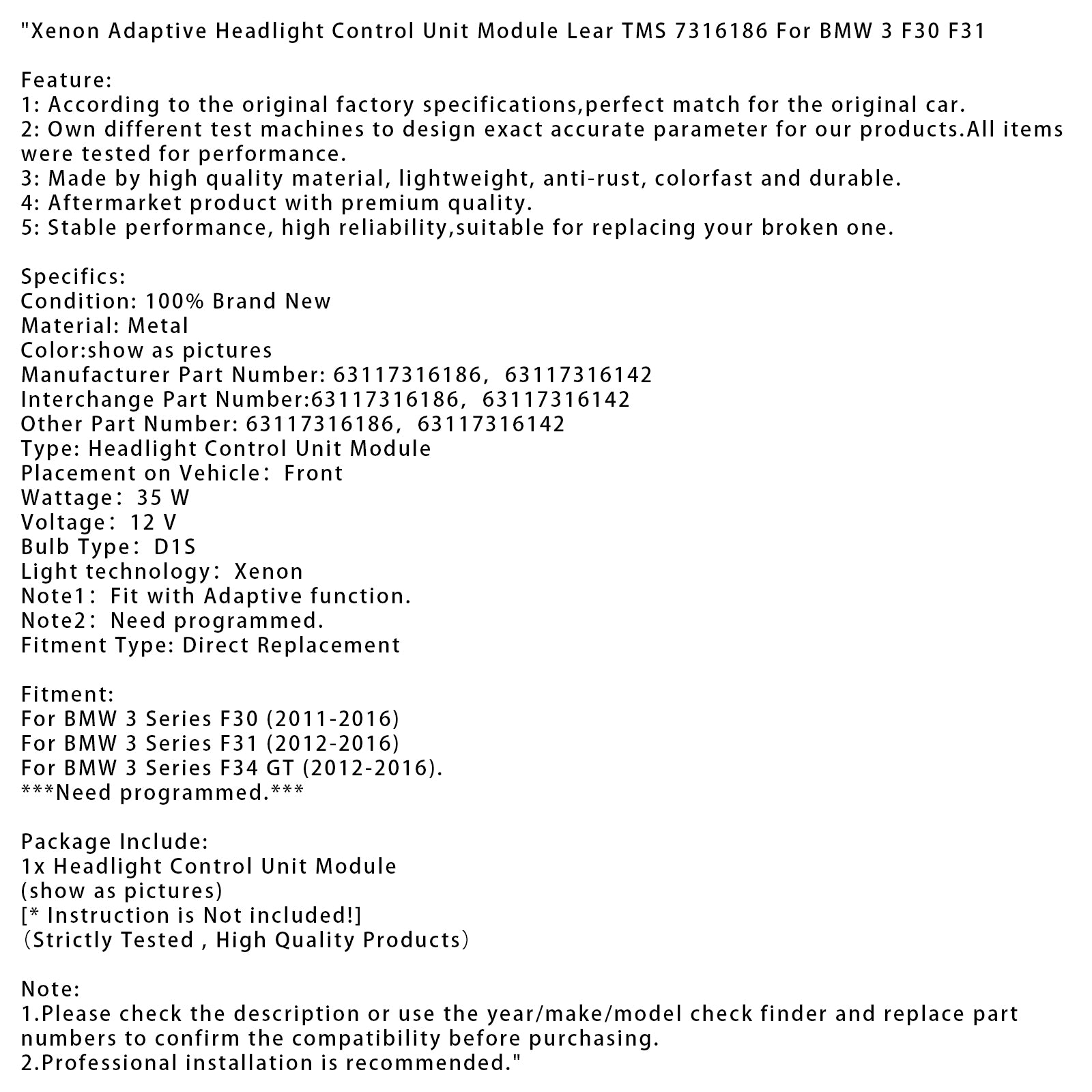 Xenon Adaptive Headlight Control Unit Module Lear TMS 7316186 For BMW 3 F30 F31