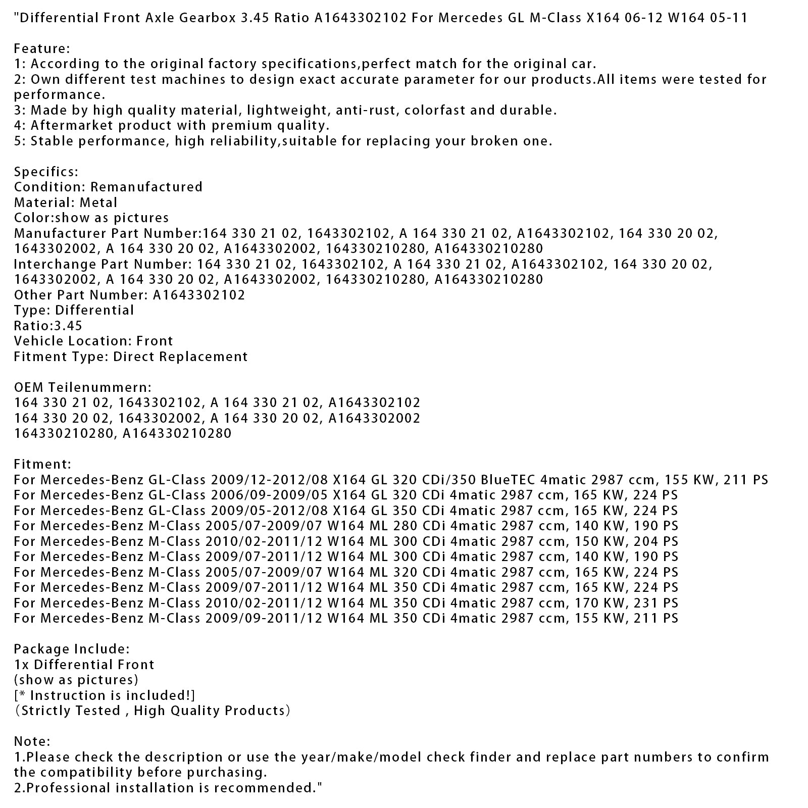 2010/02-2011/12 Mercedes-Benz M-Klasse W164 ML 350 CDi Differentieel Vooras 3.45 Overbrengingsverhouding 164330210280 A1643302102