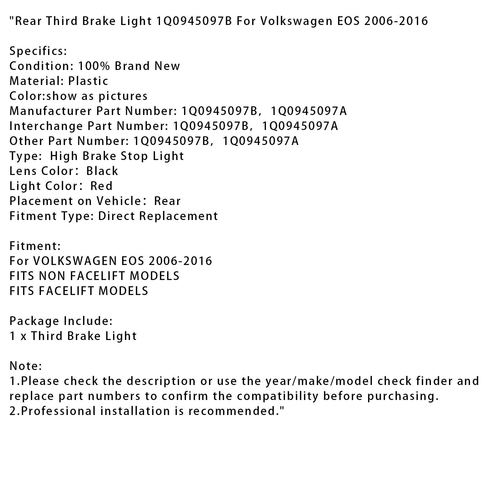 2006-2016 Volkswagen EOS derde remlicht achter 1Q0945097B