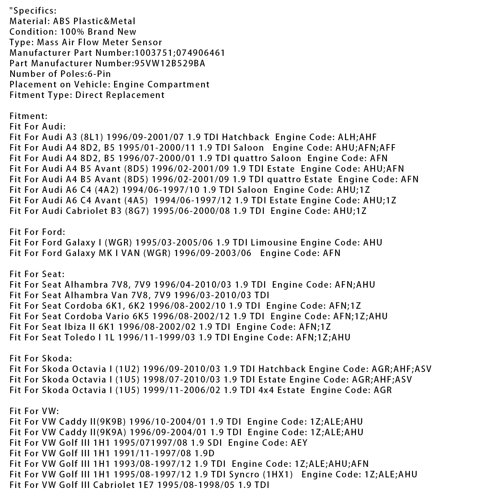 Sensor do medidor de fluxo de ar em massa para Audi A3 8L1 VW Golf IV Passat B5 074906461