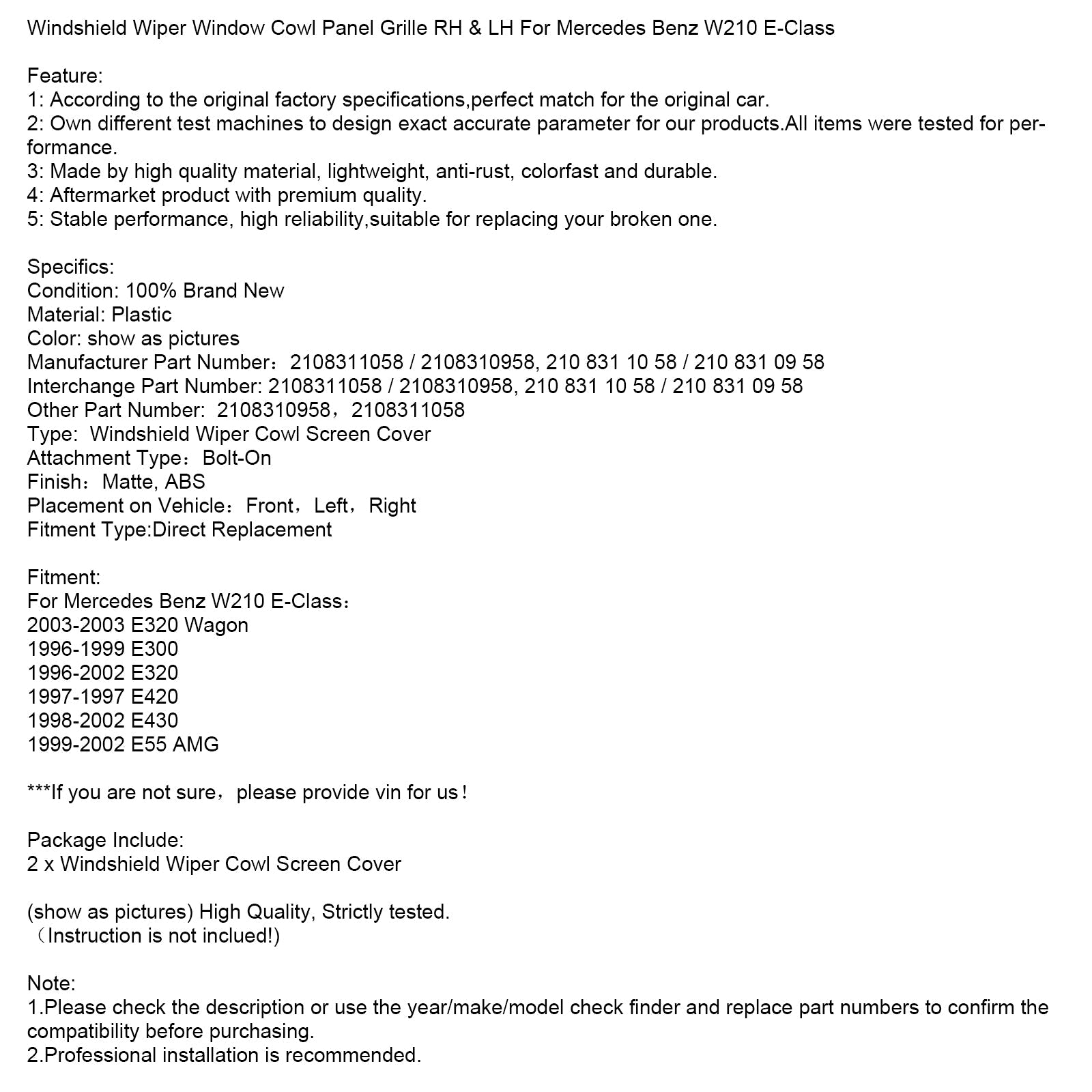 Mercedes-Benz uit 1998-2002 W210 E-Klasse E430 Ruitenwisser Raamkap Paneel Grille RH & Links
