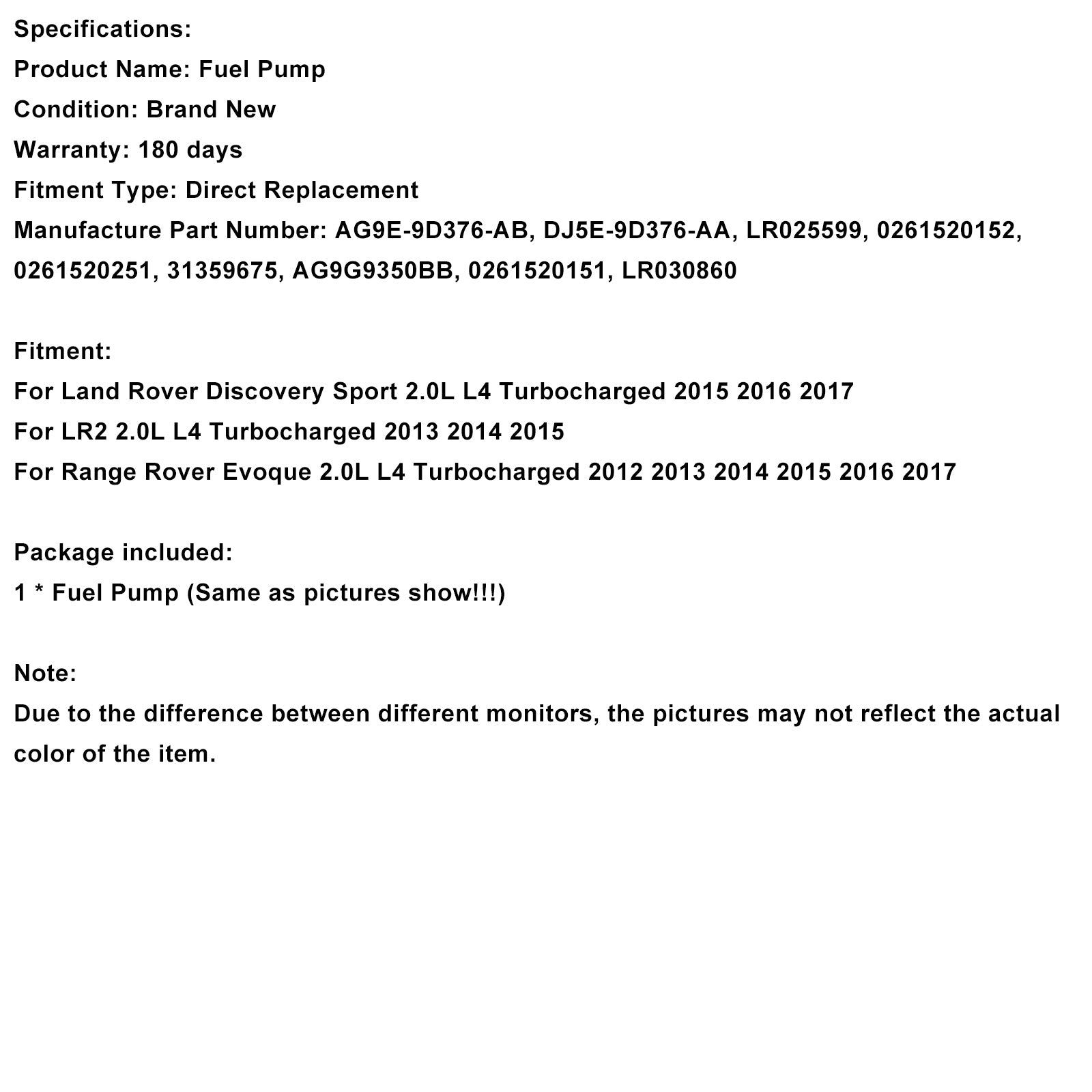 High Pressure Fuel Pump LR025599 Fit Land Rover Range Rover Evoque 2012-2017