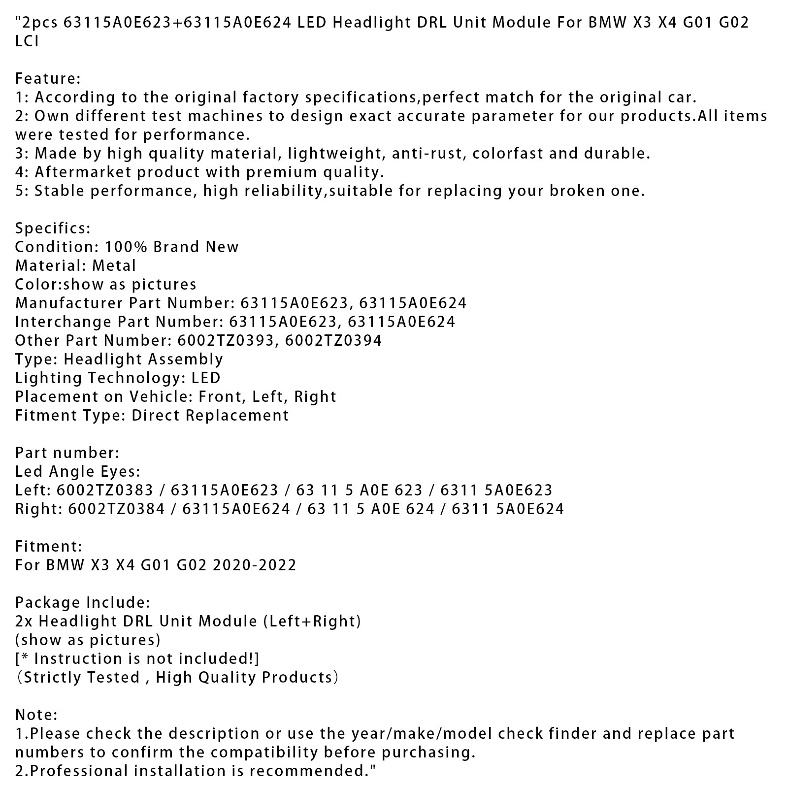 2020-2022 BMW X3 X4 G01 G02 2 stks LED Koplamp DRL Unit Module 63115A0E623 + 63115A0E624