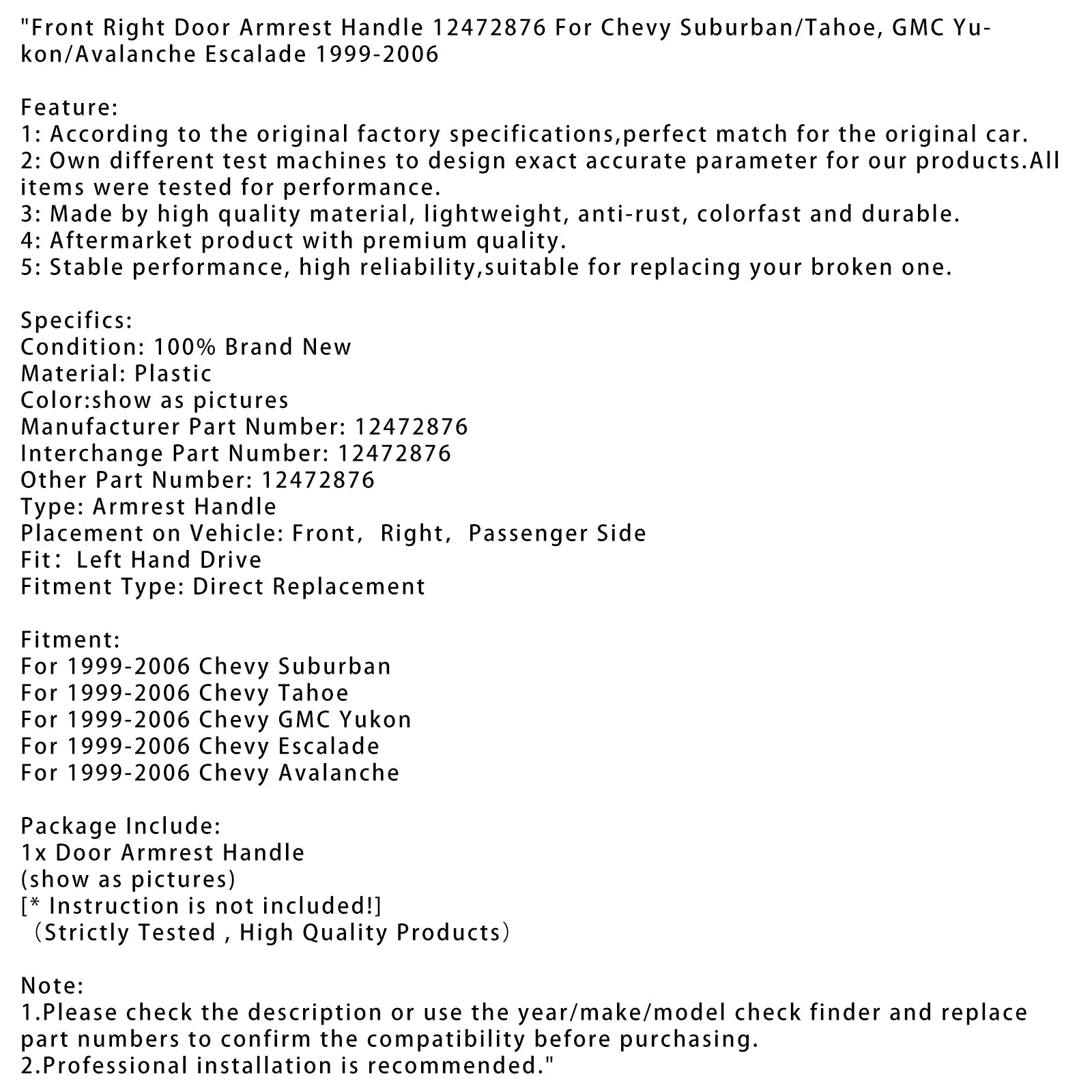 1999-2006 Chevy Tahoe Front Door do braço do braço da porta do braço 12472876