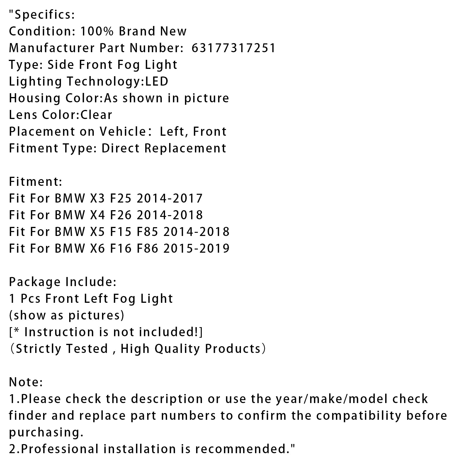 1 ks LED predné ľavé hmlové svetlo pre BMW X3 F25 X4 F26 X5 F15 X6 F16 63177317251