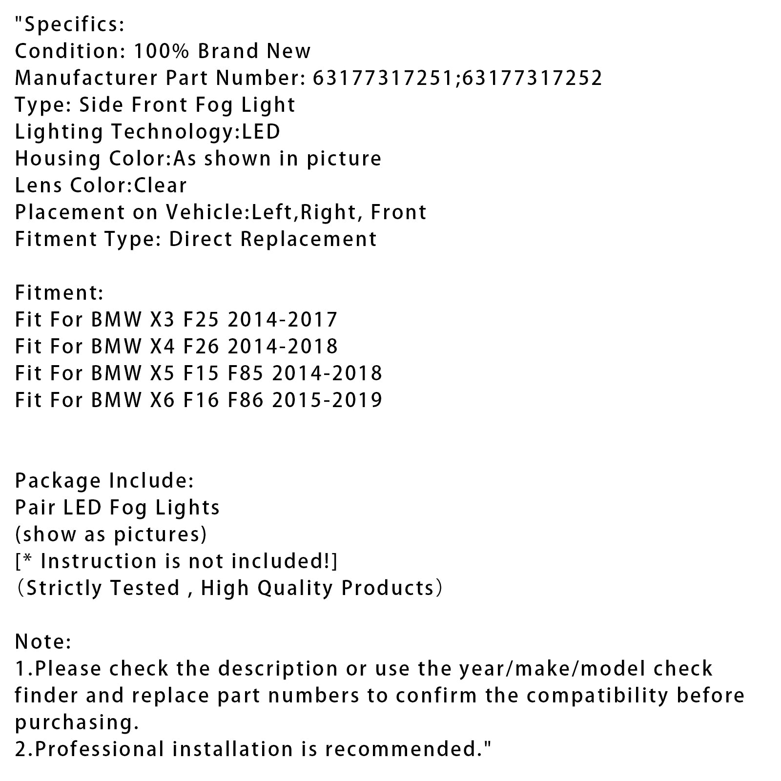 Pár LED predné hmlové svetlá pre BMW X3 F25 X4 F26 X5 F15 X6 F16 63177317252