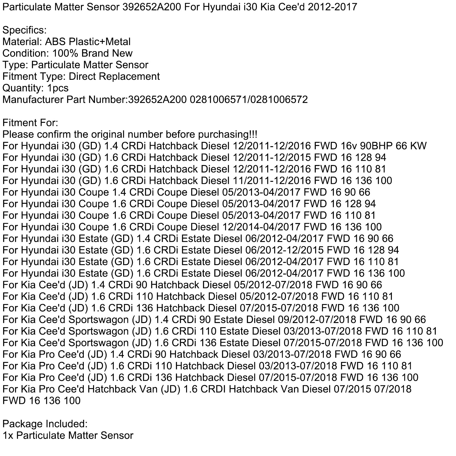 Particulate Matter Sensor 392652A200 for Hyundai i30 Kia Cee'd 2012-2017
