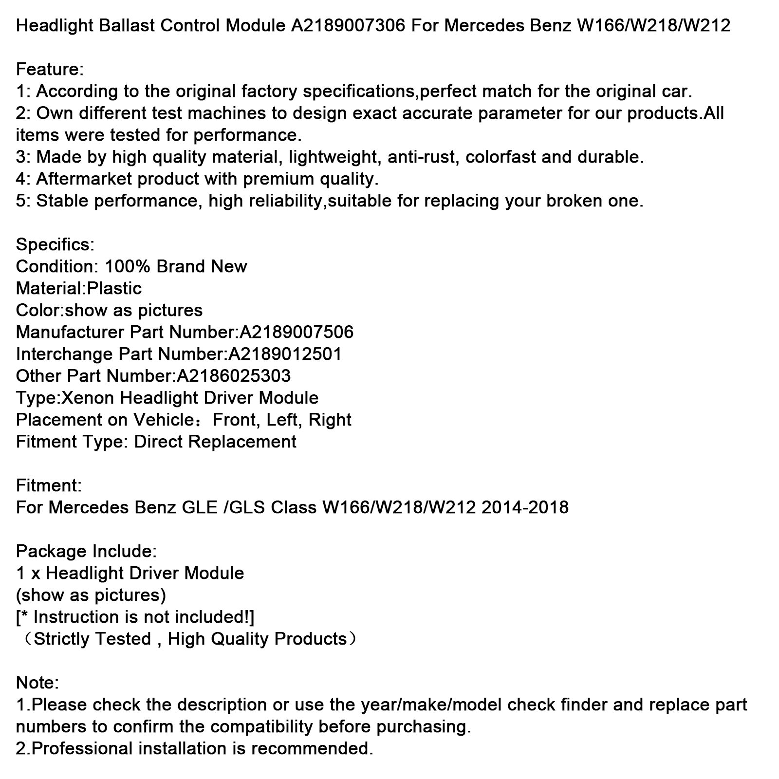 Headlight Ballast Control Module A2189007306 For Mercedes Benz W166/W218/W212