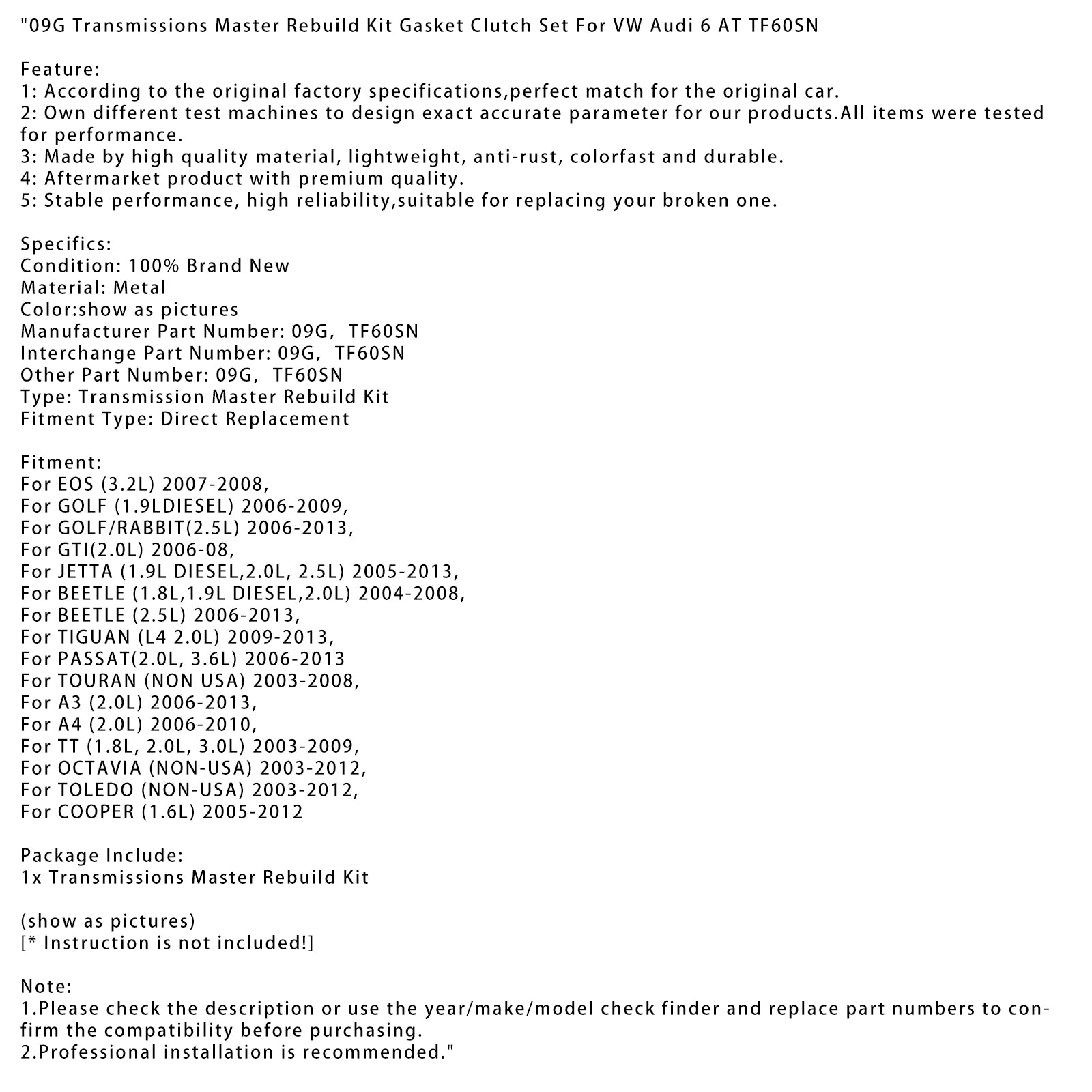 2007-2008 EOS (3.2L) 09G Transmissie Master Rebuild Kit Pakking Koppeling Set TF60SN