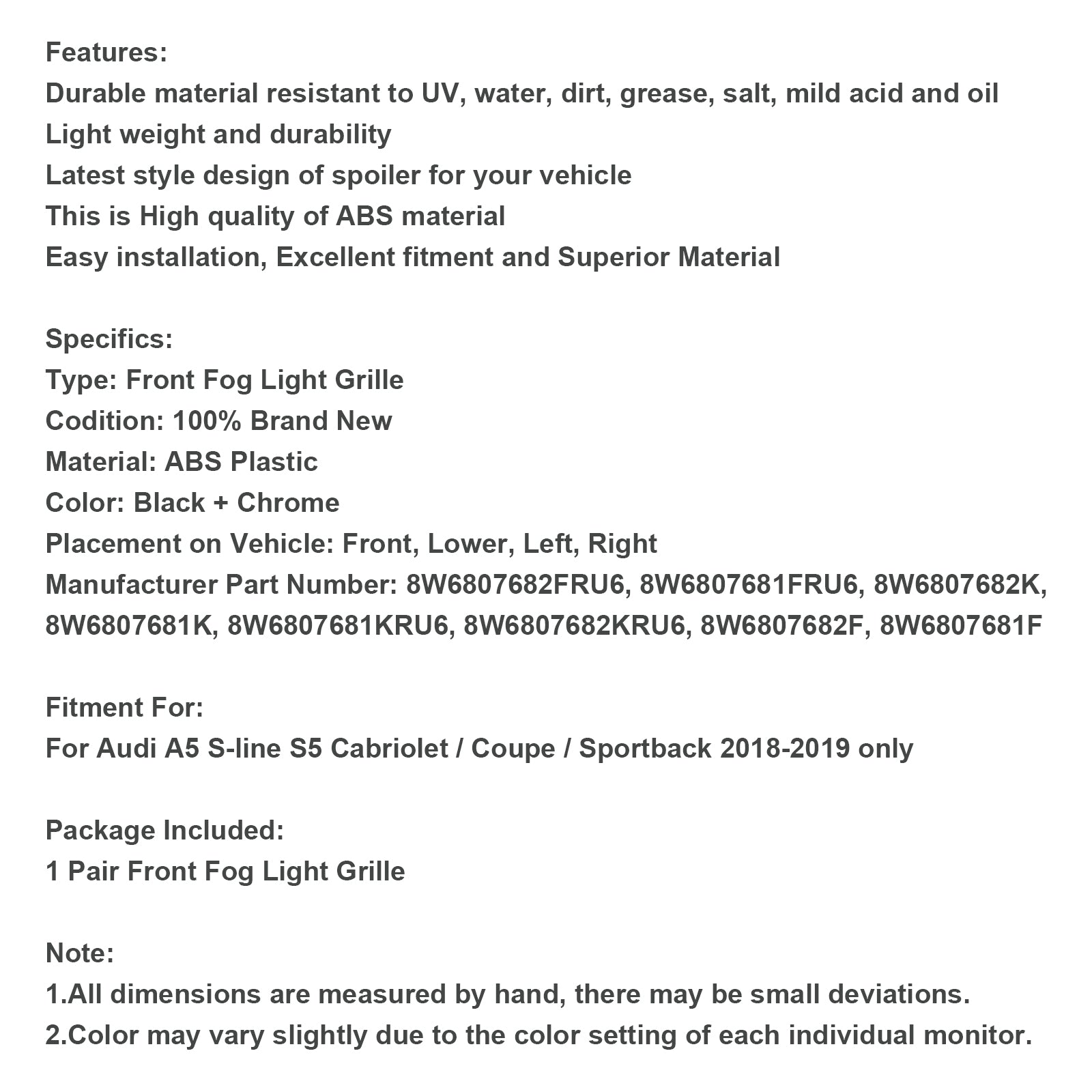 2st Front Bumper Fog Light Grille Cover Trim Fit Audi S5 A5 S-Line 2018-2019