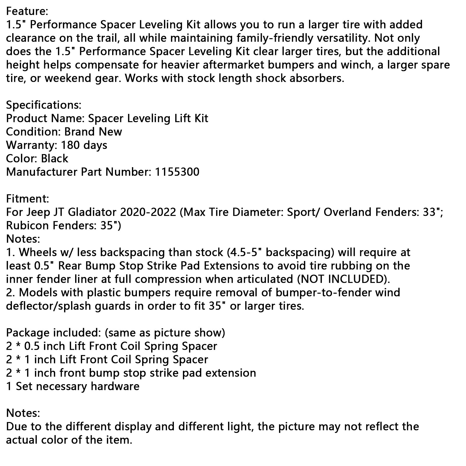 Parte delantera del Jeep Gladiator 2020-2022 1.5" Kit de elevación de nivelación con espaciador 1155300