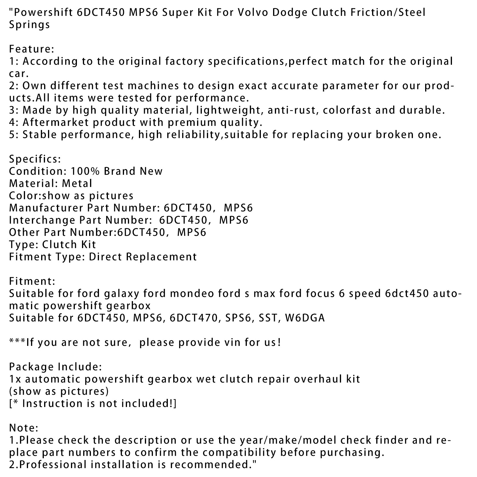 Powershift 6DCT450 MPS6 Super Kit Fit for Volvo Dodge Clutch Friction/Steel Springs