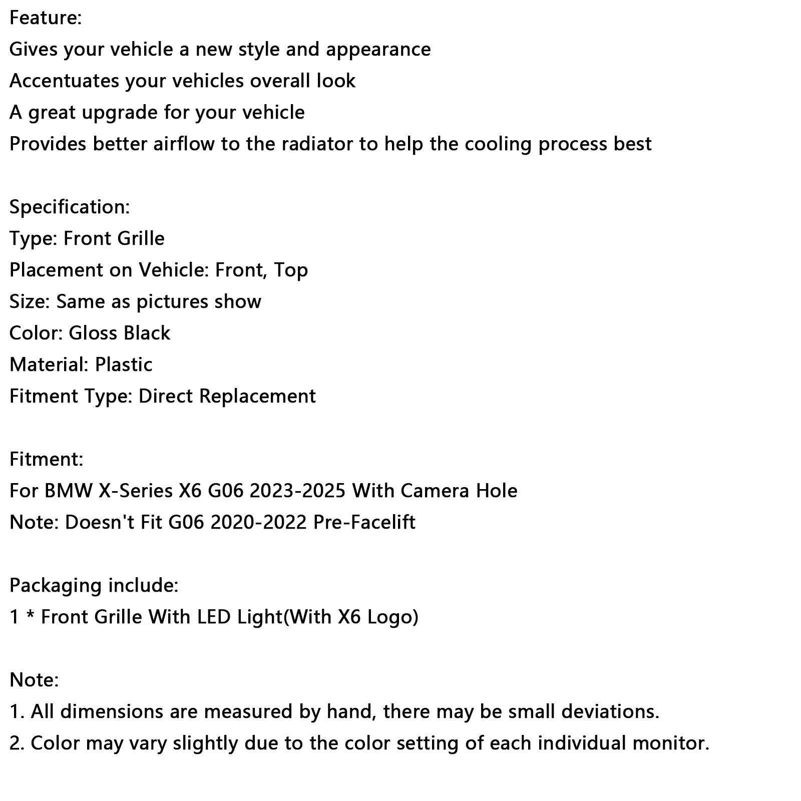 2023-2025 BMW X6 G06 M60i con rejilla de parachoques delantero de doble listón con orificio para cámara