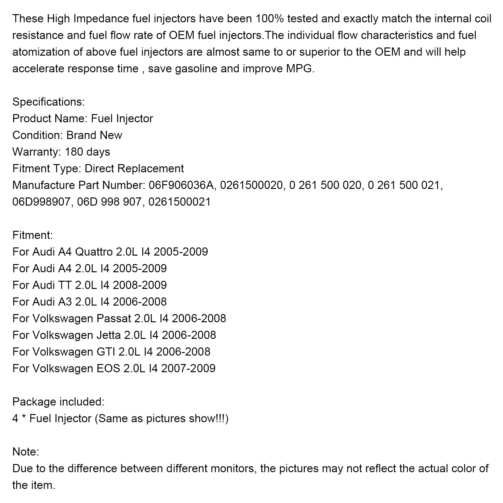 2005-2009 Audi A4 Quattro 2.0L i4 4st bränsleinsprutare 06F906036A