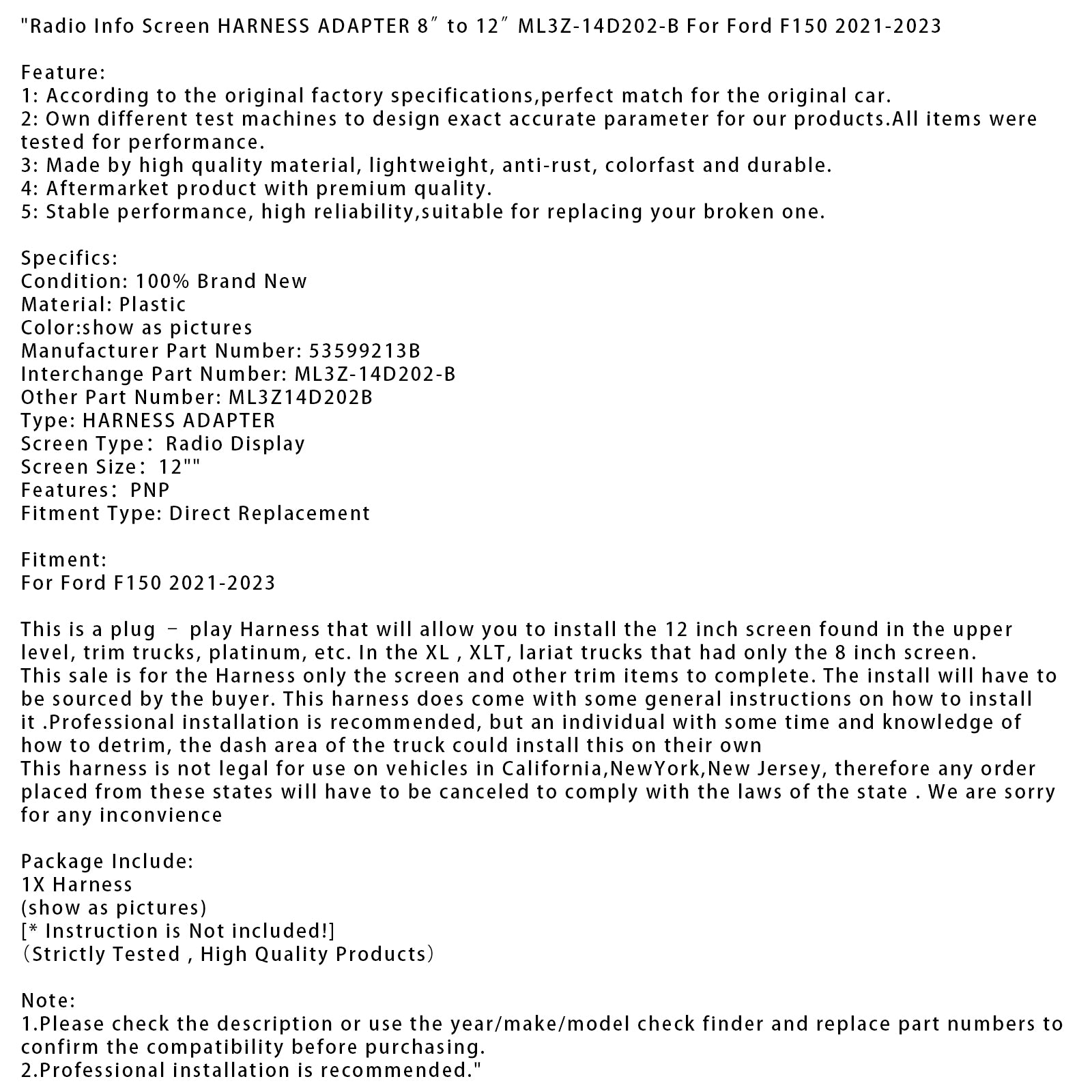 2021-2023 Ford F150 Radio Info Screen Harness Adaptateur 8 ”à 12” ML3Z-14D202-B