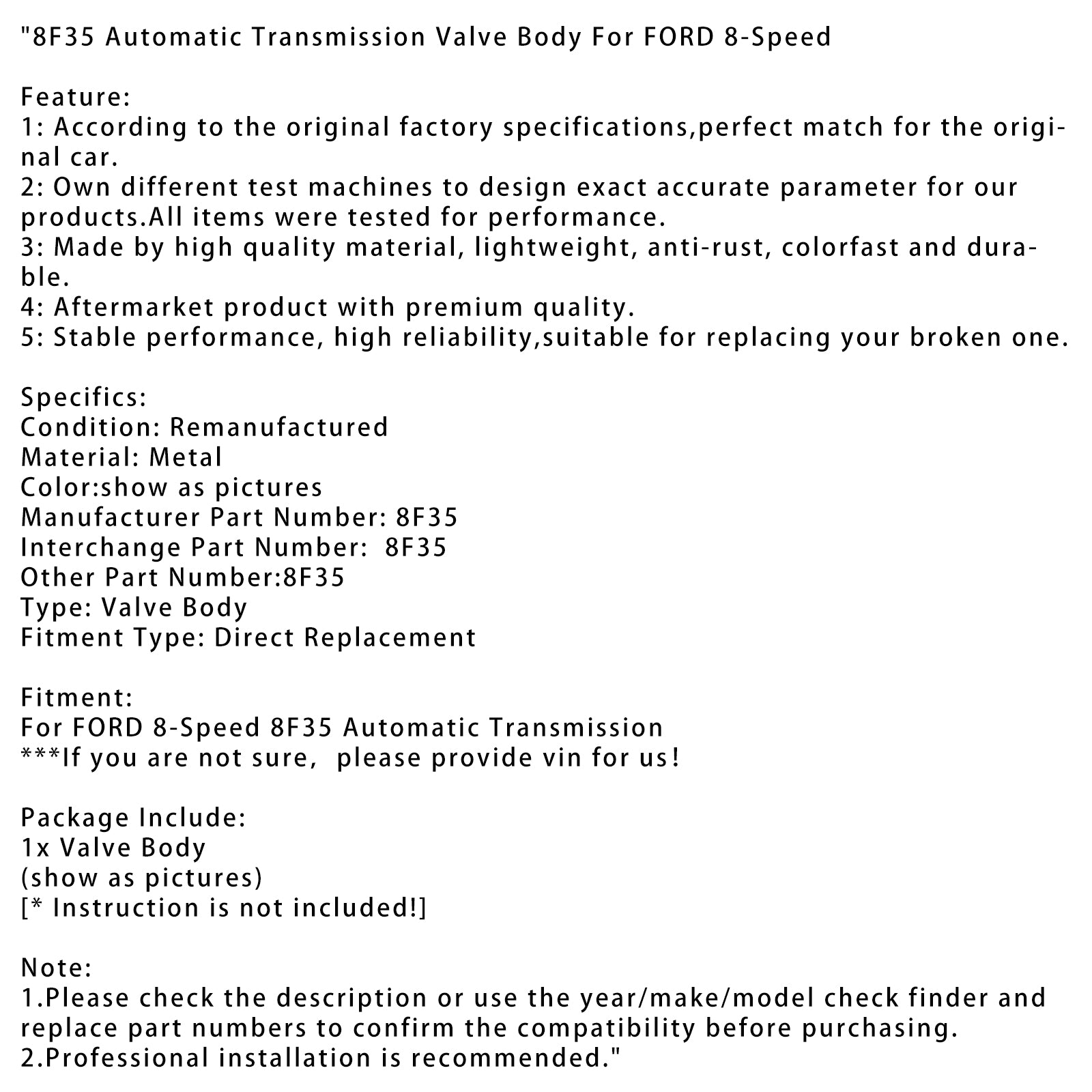 FORD 8-Speed 8F35 Automatic Transmission Valve Body