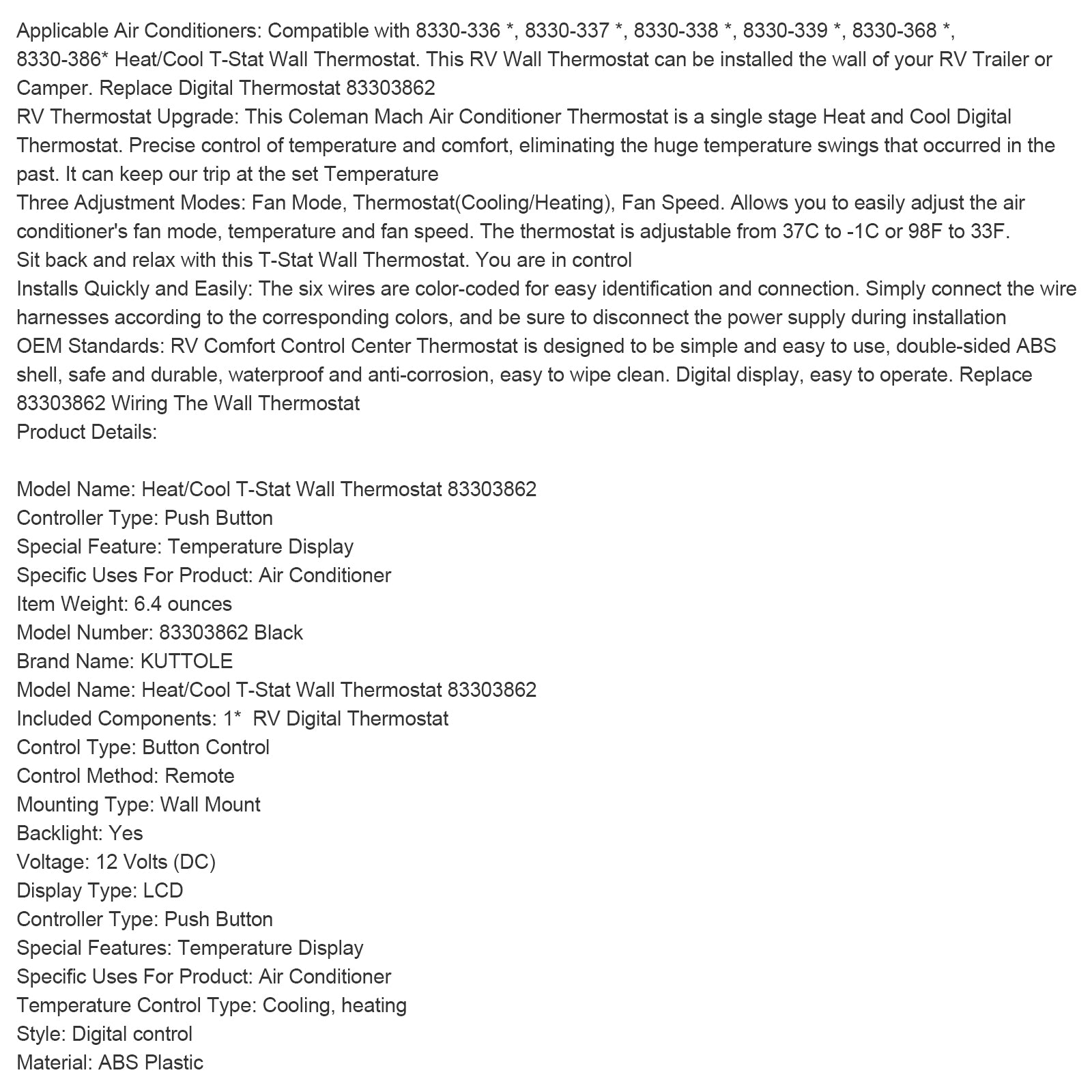 Heat/Cool Digital Thermostat Replacement Compatible with Coleman 83303362 Black