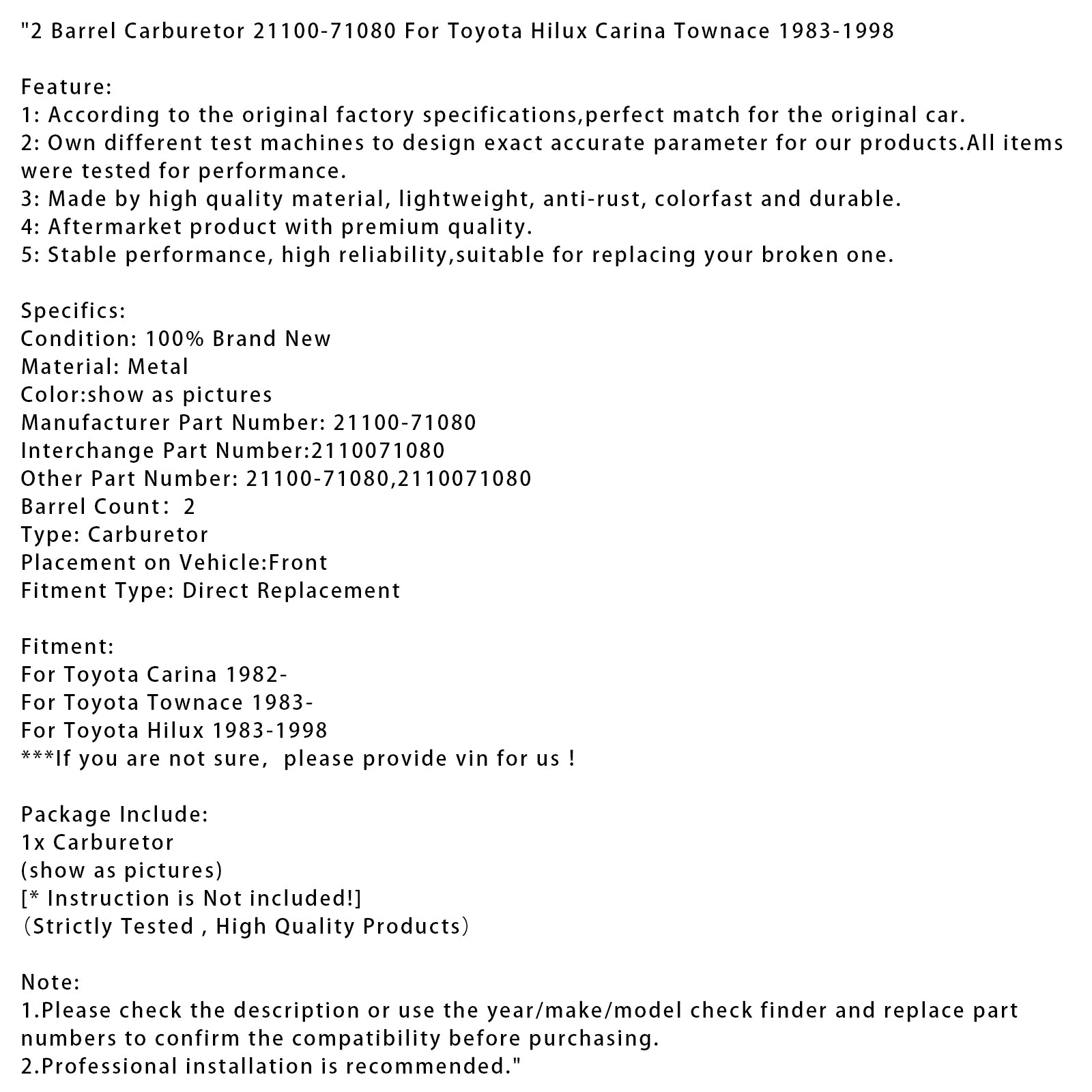 1983-on Toyota Townace 2 Barrel Carburetor 21100-71080