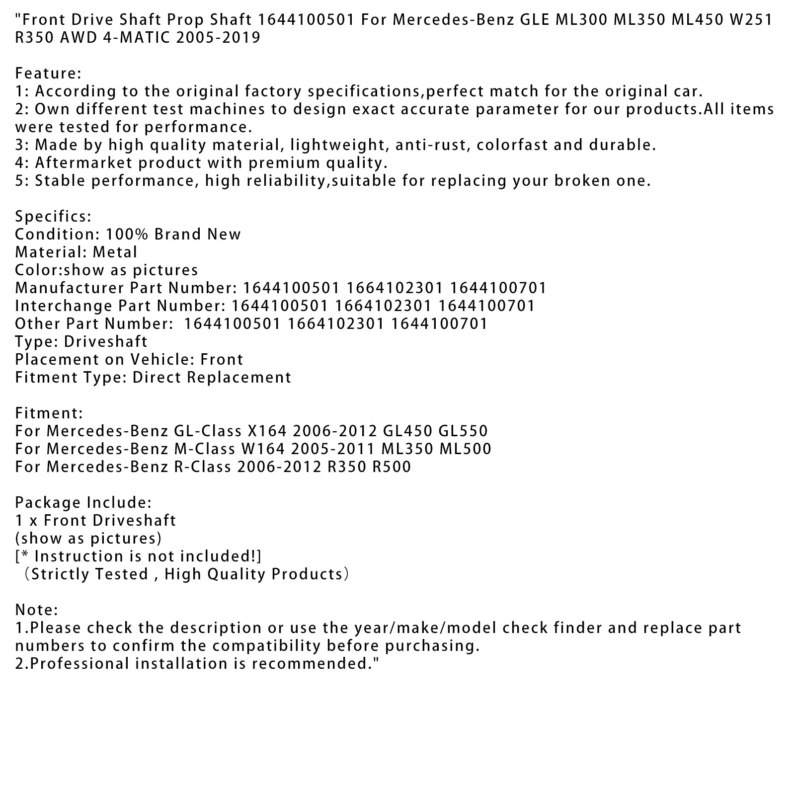 2006-2012 Mercedes-Benz R-Class R350 R500 Eixo de acionamento dianteiro do eixo 1644100501 1644100701 1664102301