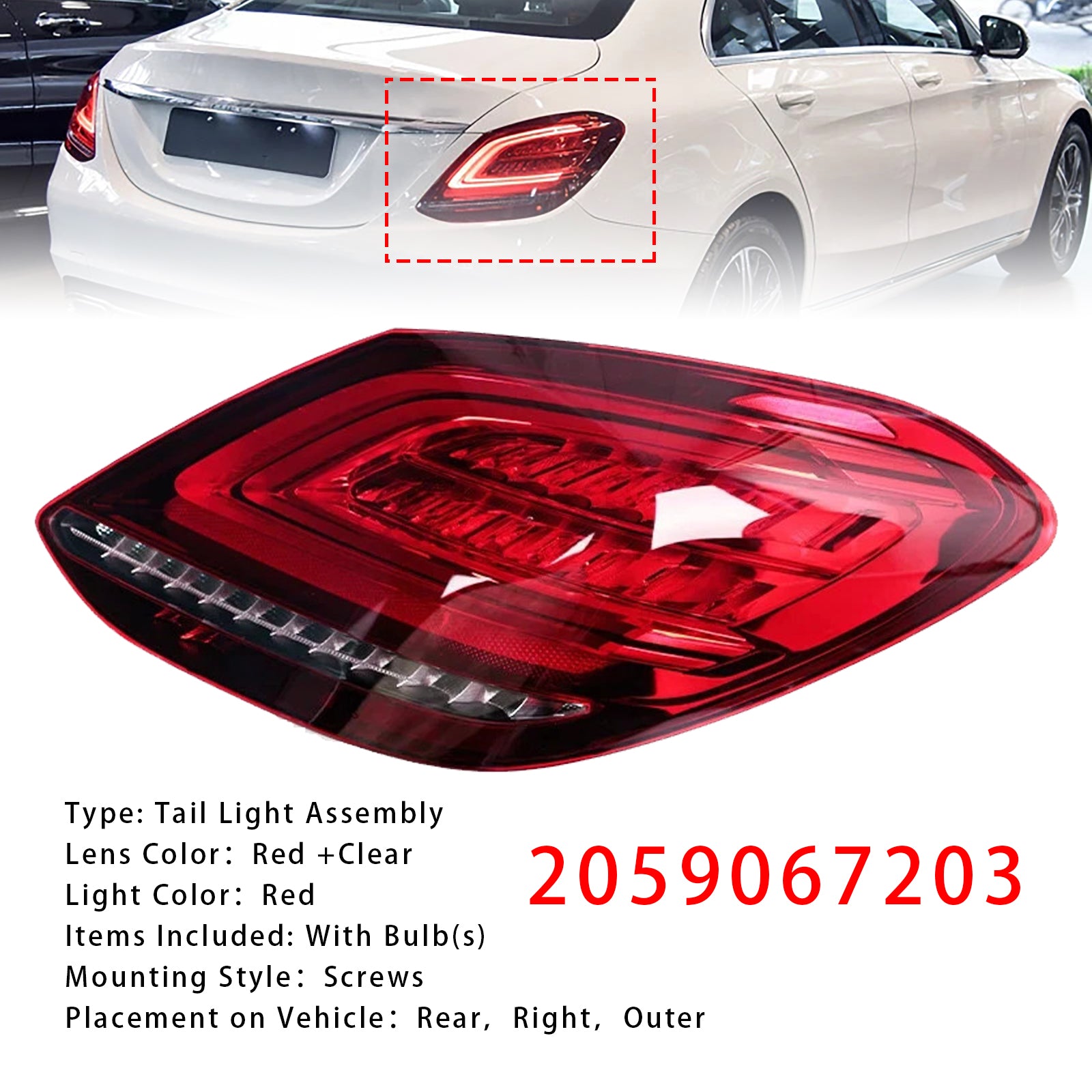 Right LED Rear Tail Light Brake Lamp For Mercedes Benz C-Class W205 2019-2021