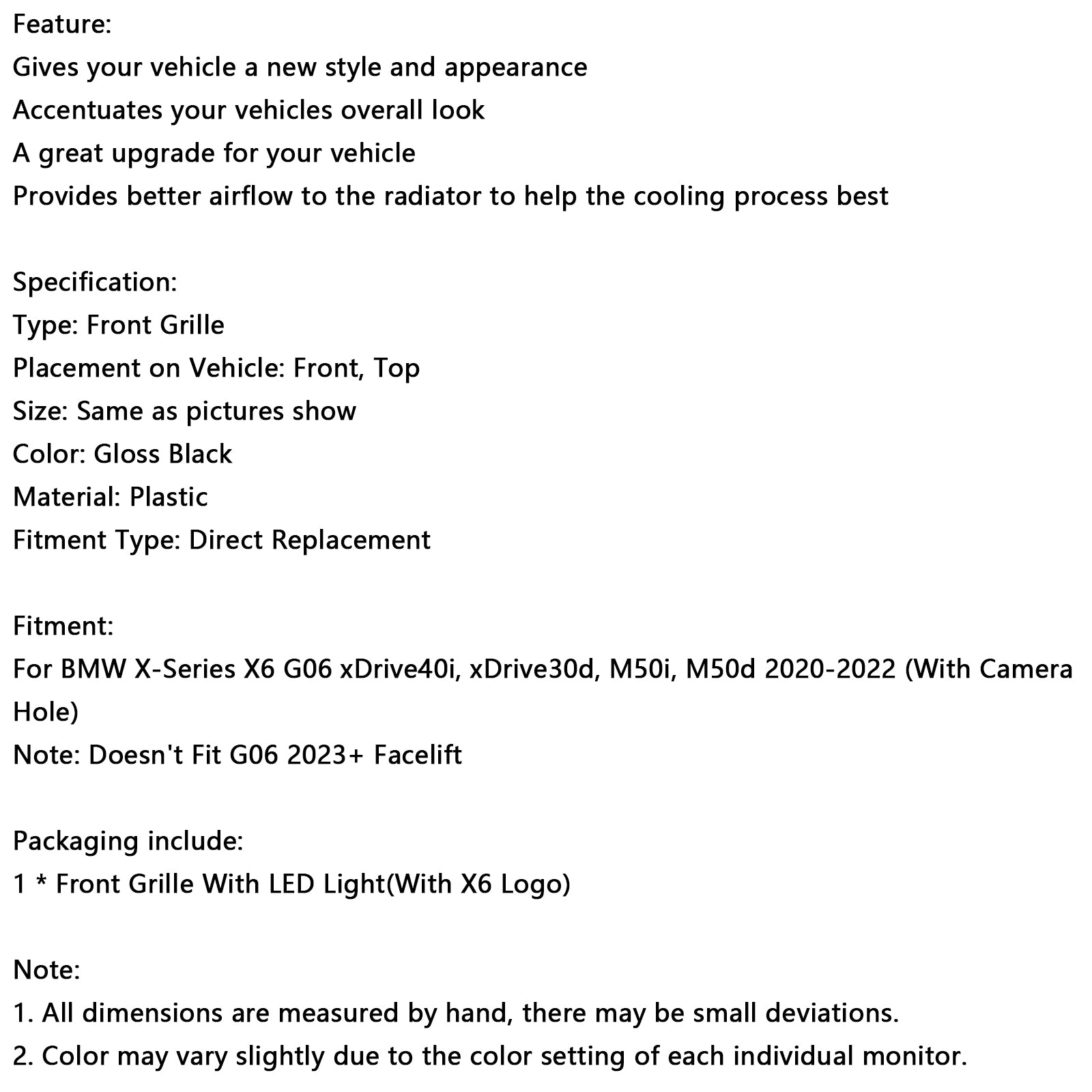 2020-2022 BMW X6 G06 M50i W/Camera Hole Black Front Bumper Grille Grill