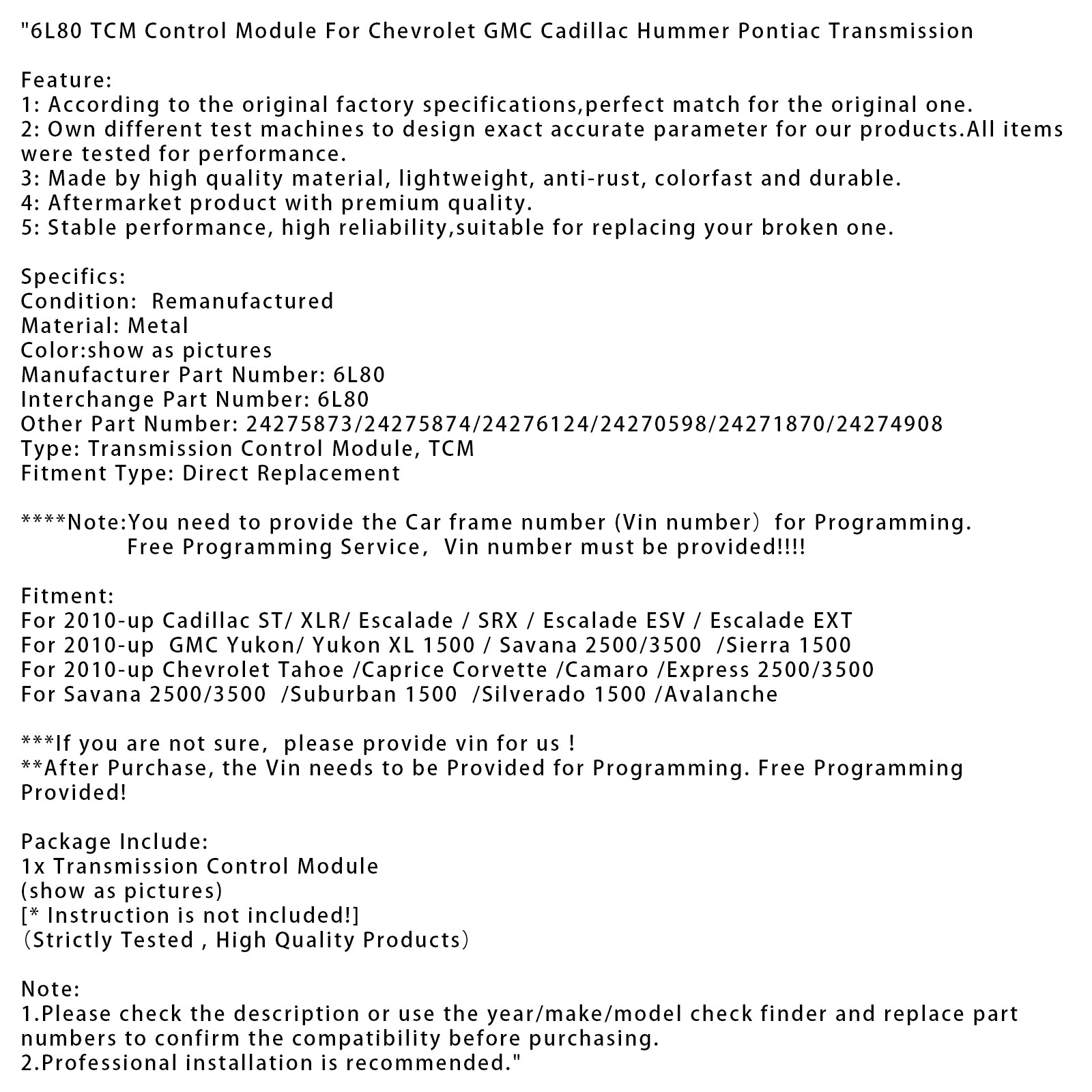 2010-up GMC Yukon/ Yukon XL 1500/Savana 2500/3500 /Sierra 1500 6L80 TCM Control Module 24275873 24274908