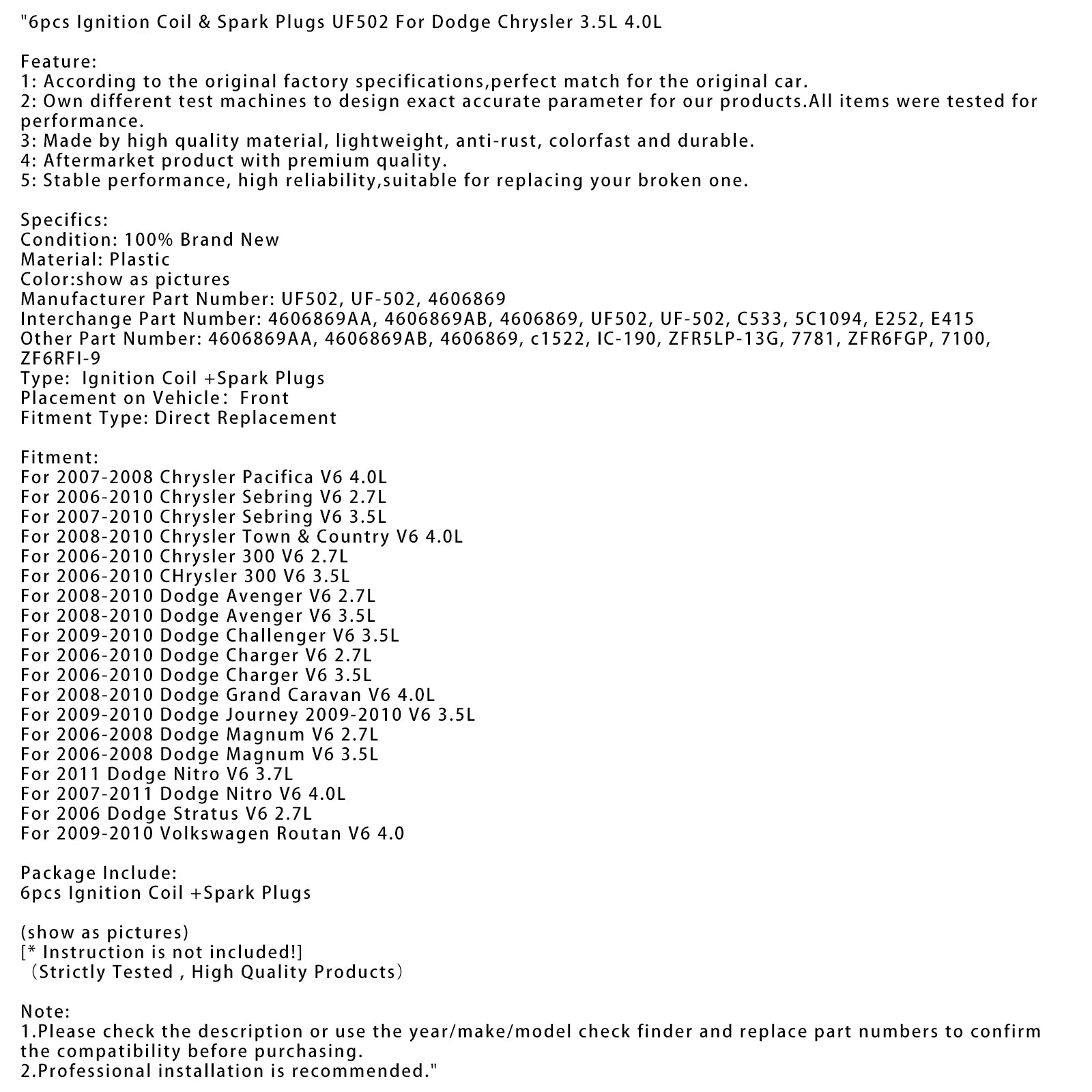 2008-2010 Dodge Avenger V6 2.7L 6 stuks ontstekingsbobines & Bougies UF502 4606869 4606869AA