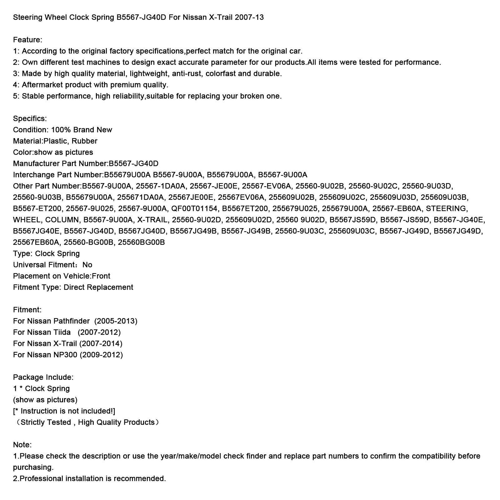 Resorte del reloj del volante B5567-JG40D para Nissan X-Trail 2007-13