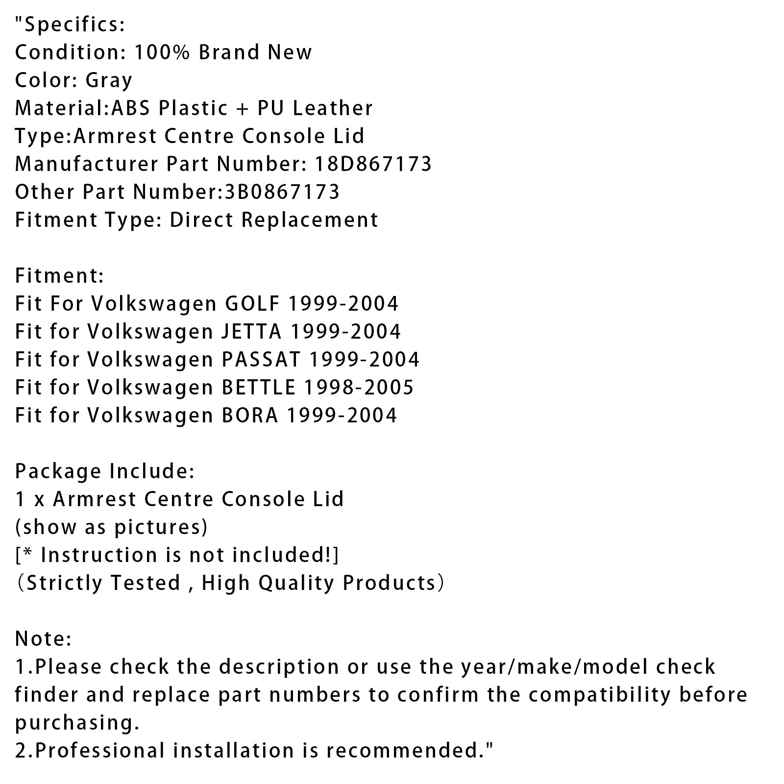 Gray Leather Armrest Centre Console Lid For VW MK4 Jetta Bora Golf 18D867173