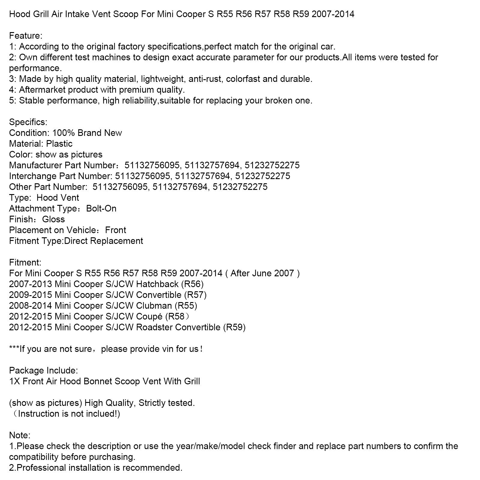 Hood Grill Luchtinlaat Vent Scoop Voor Mini Cooper S R55 R56 R57 R58 R59 2007-2014