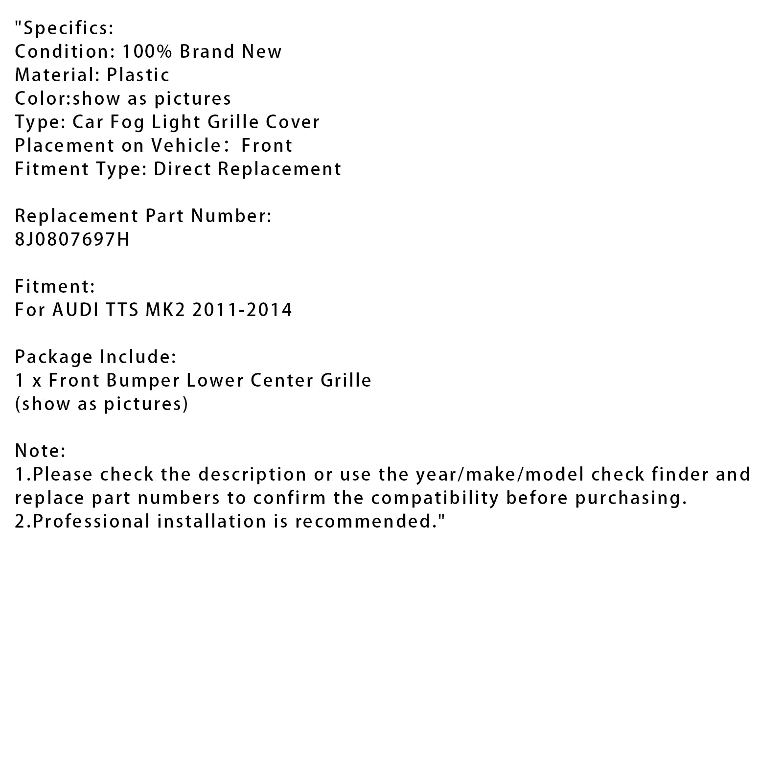 2011-2014 Audi TTS MK2 Fraca de pára-choque dianteiro inferior grade 8J0807697H