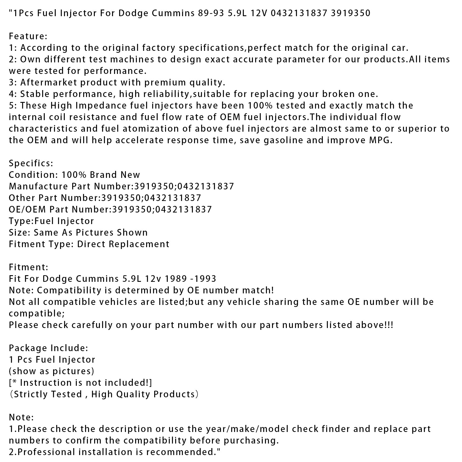 1Pcs Fuel Injector For Dodge D250 D350 Cummins 89-93 5.9L 12V 0432131837 3919350
