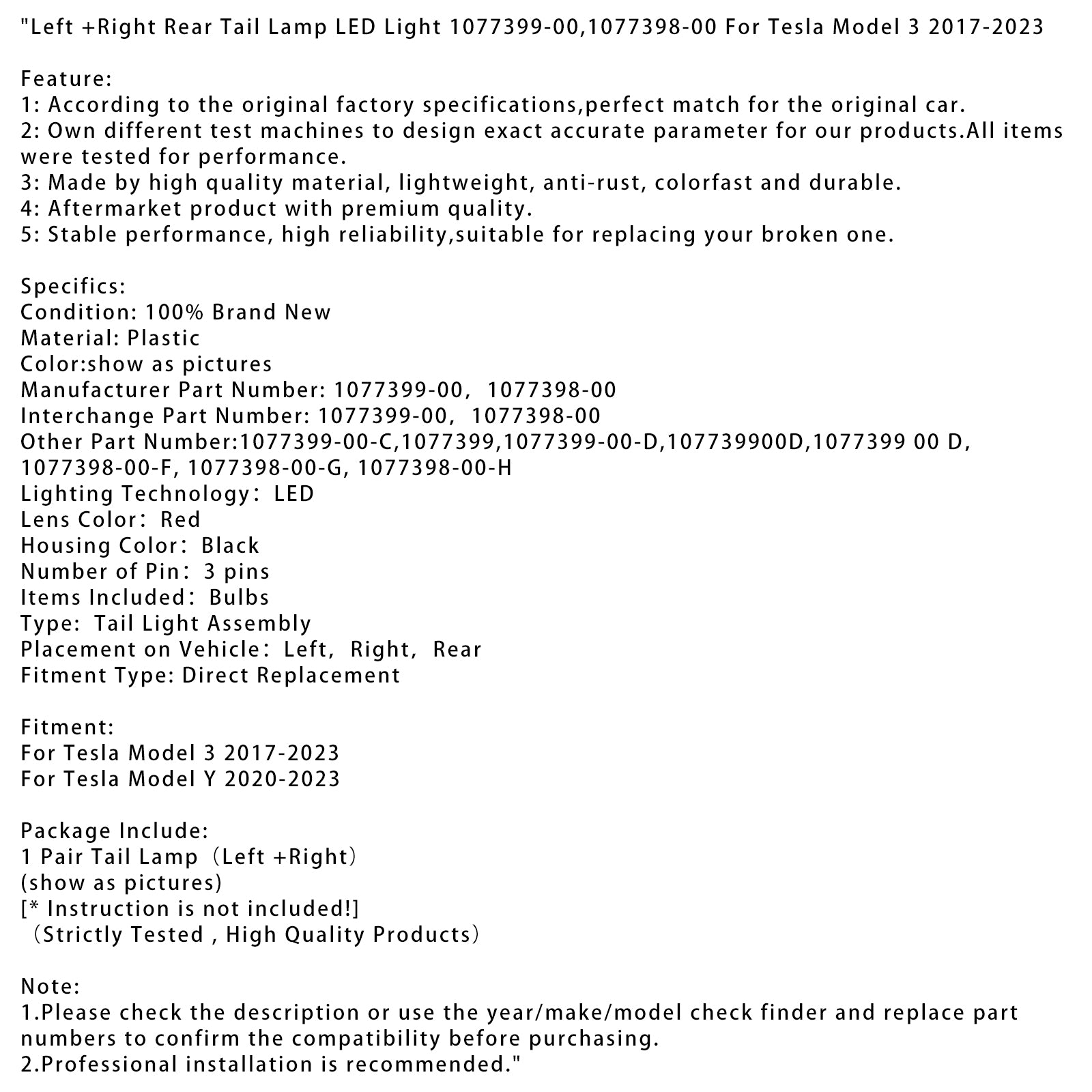 Feu arrière LED L + R 1077399-00,1077398-00 pour Tesla modèle 3 2017-2023