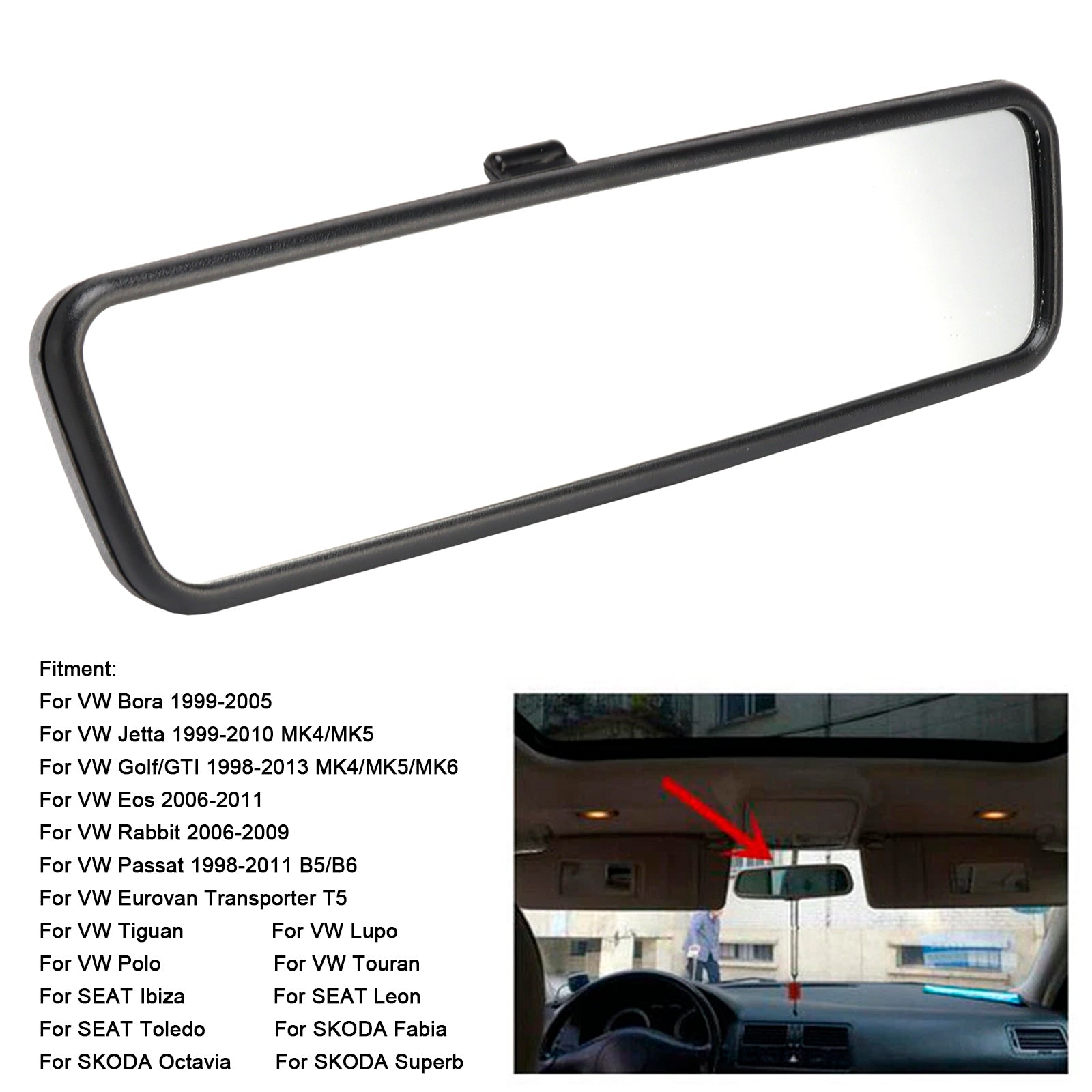 Black Rear View Interior Mirror Glass 3B0857511G For VW Golf MK4 Jetta Passat
