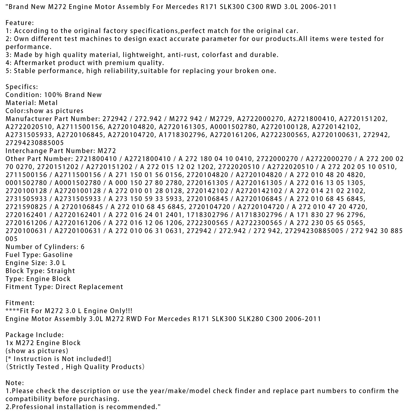 2006-2011 Mercedes R171 SLK300 C300 RWD 3.0L New M272 Engine Motor Assembly
