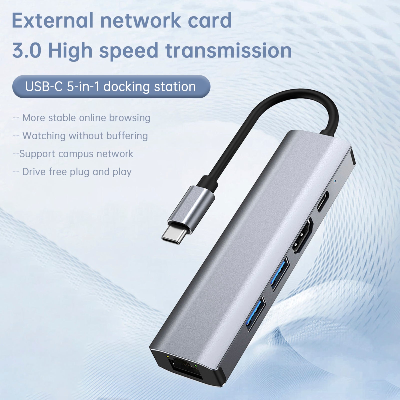 5 en 1 TYPE-C a USB3.0*1+USB2.0*1+PD100W/USB-C Data+HDMI+100M Tarjeta de red iPad