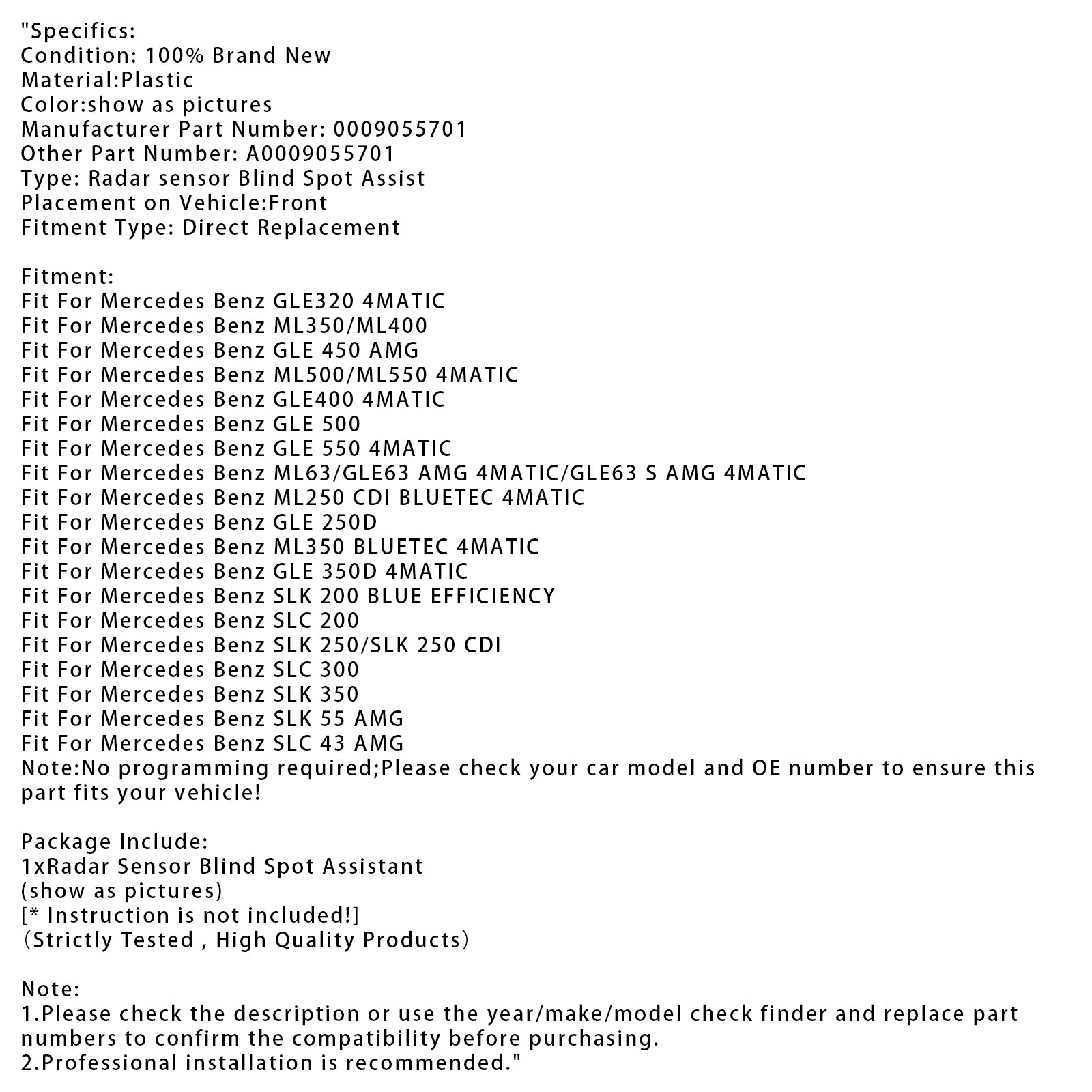 Mercedes Benz Gle 250d Nouveau capteur radar Bonnet Bonnet verts à mort 0009055701