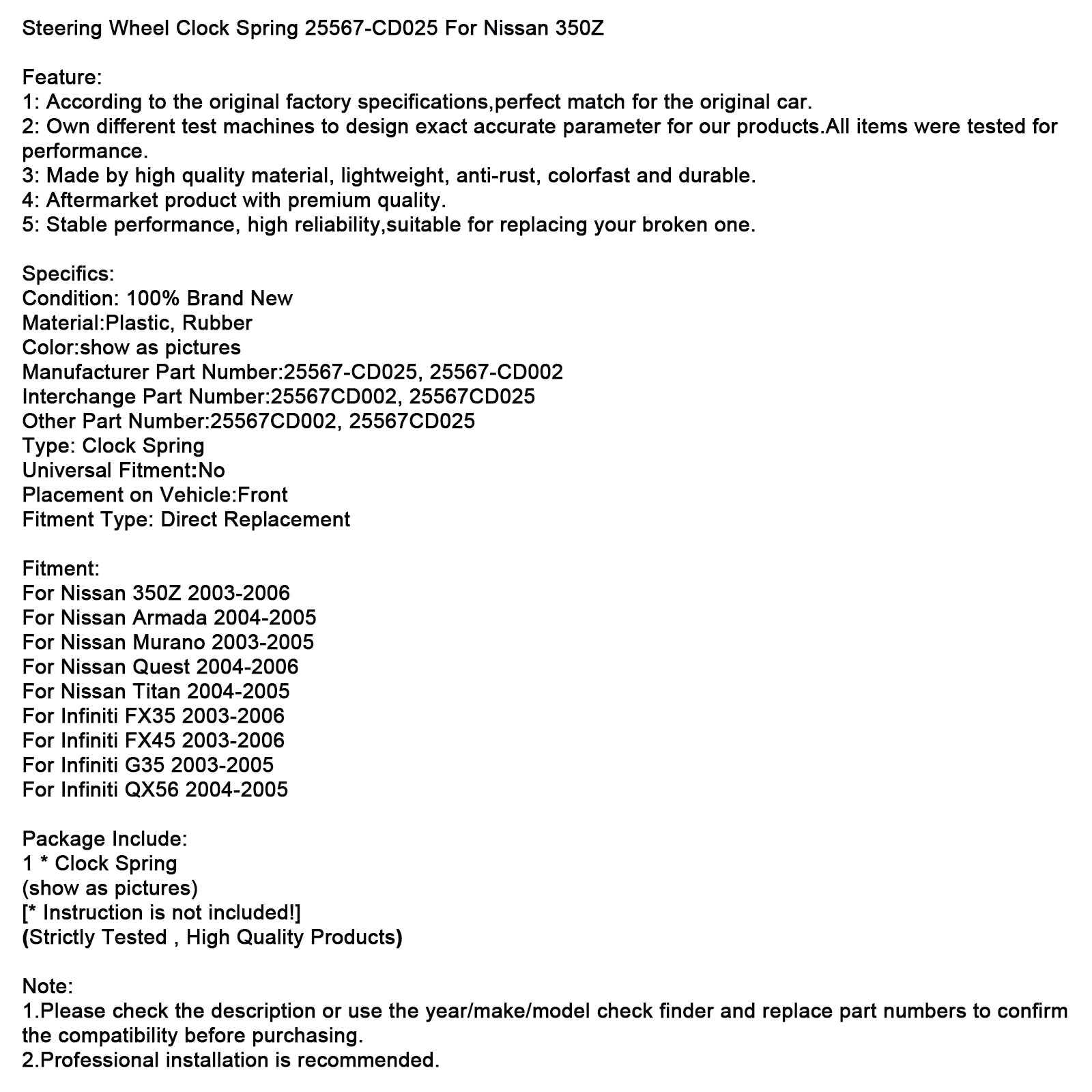 Relógio do volante da mola 25567-CD025 para Nissan 350Z