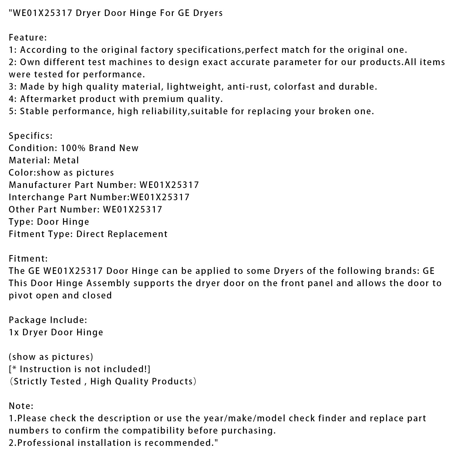 WE01x25317 tørketrommel dør hengsel for GE -tørketrommel