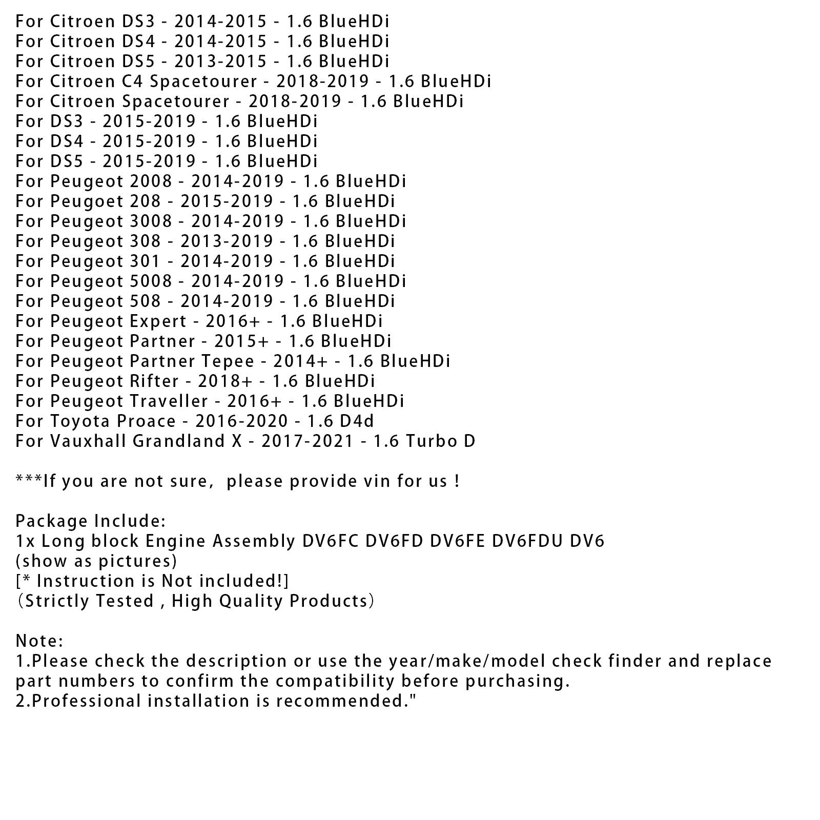 2014-2018 Citroen C4 II 1.6 BlueHDi Engine Block DV6FC DV6FD DV6FE DV6FDU DV6 1612521380 1614411580