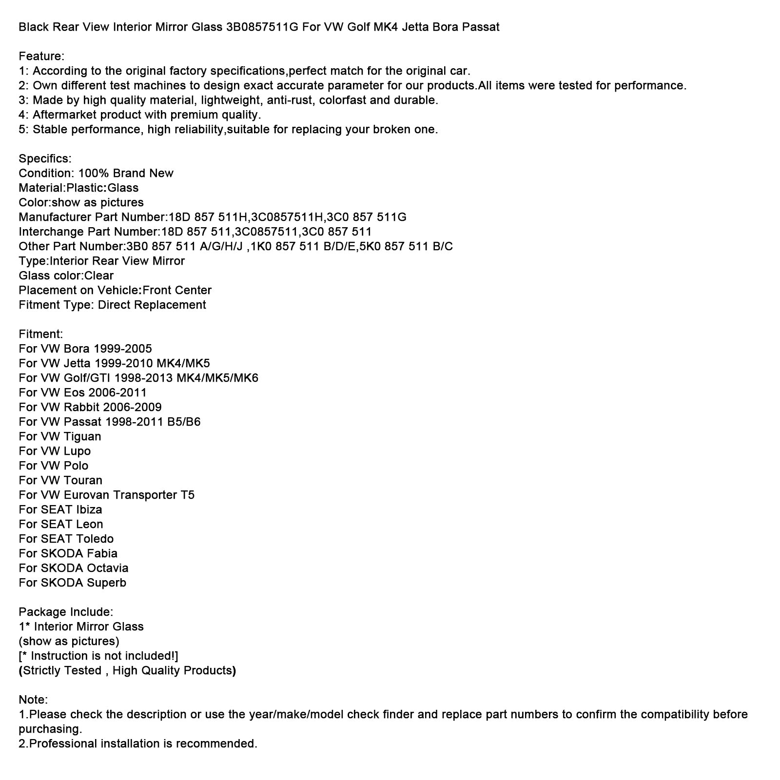 Black Rear View Interior Mirror Glass 3B0857511G For VW Golf MK4 Jetta Passat