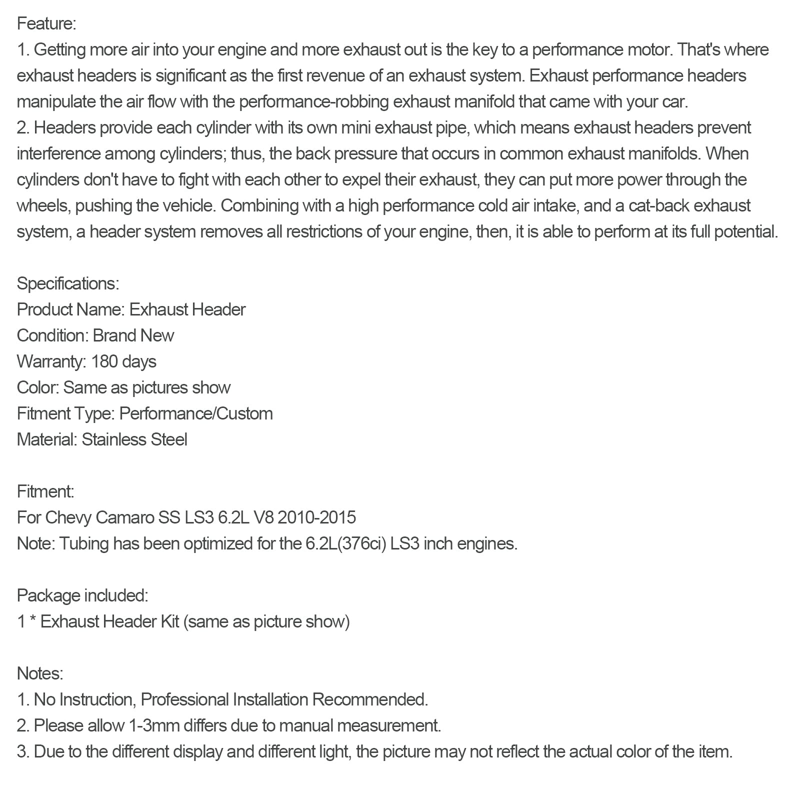 Long Tube Stainless Manifold Headers Fit Chevy Camaro SS LS3 6.2L V8 2010-2015