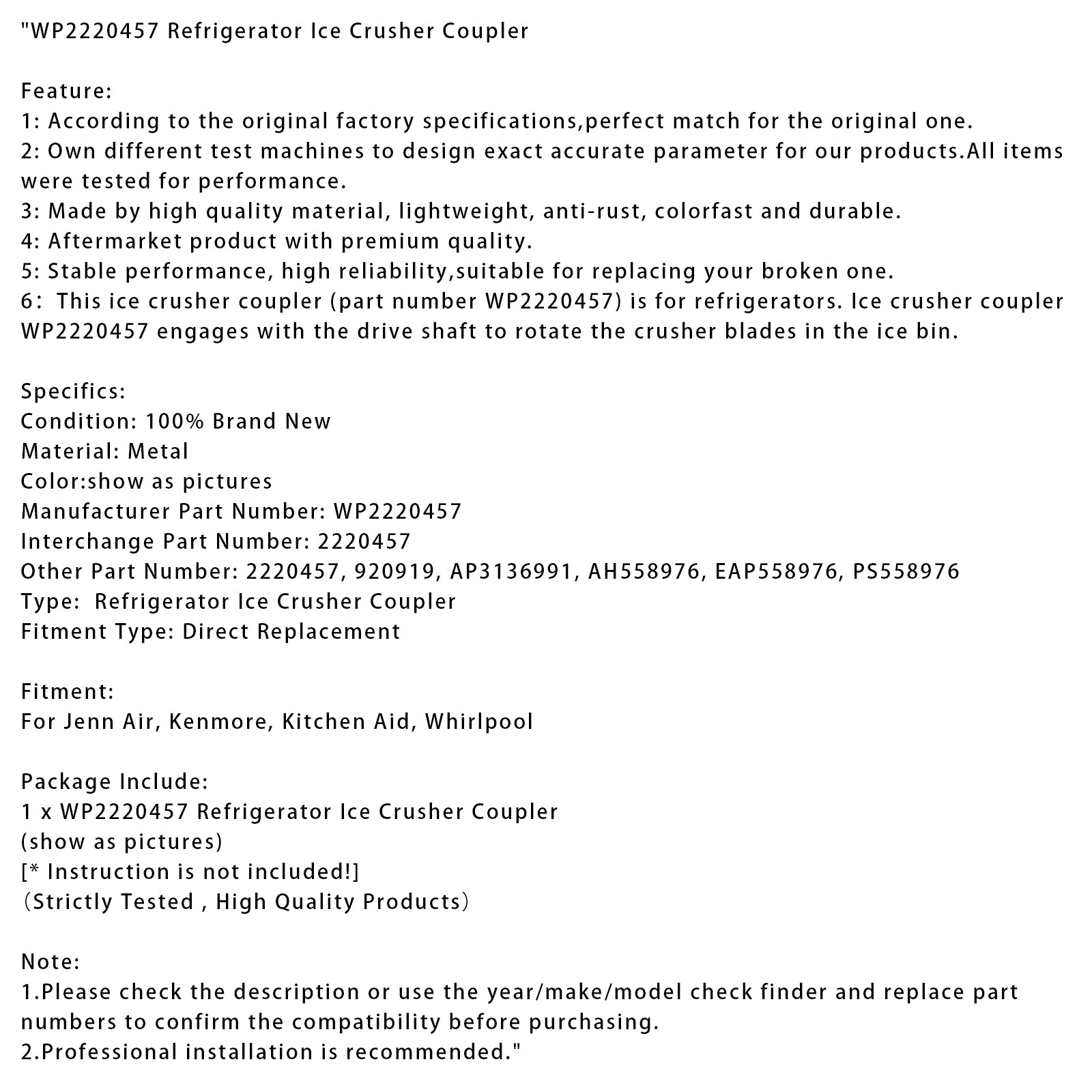 WP2220457 kjøleskap Ice Crusher Coupler