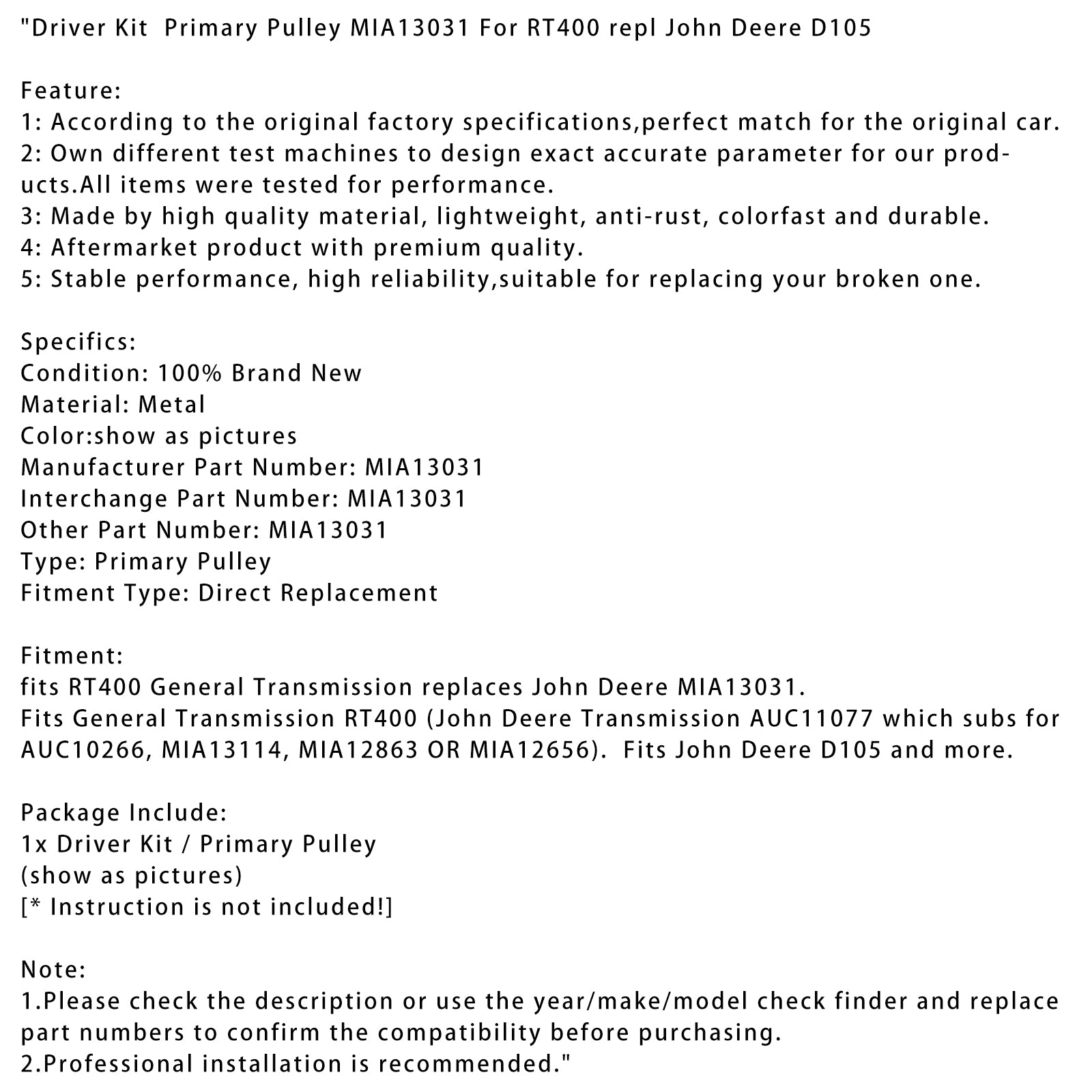 Súprava vodiča Primárna kladka MIA13031 pre RT400 RELP JOHN DEEE D105