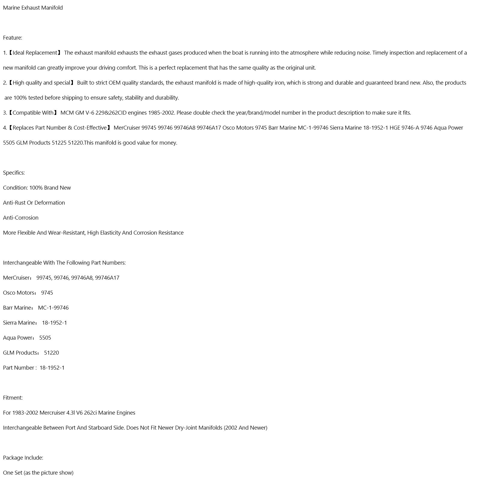 1983-2002 Mercruiser 4.3L V6 262CI 99745 Marine Échappement Marine 18-1952-1 99746 85-02