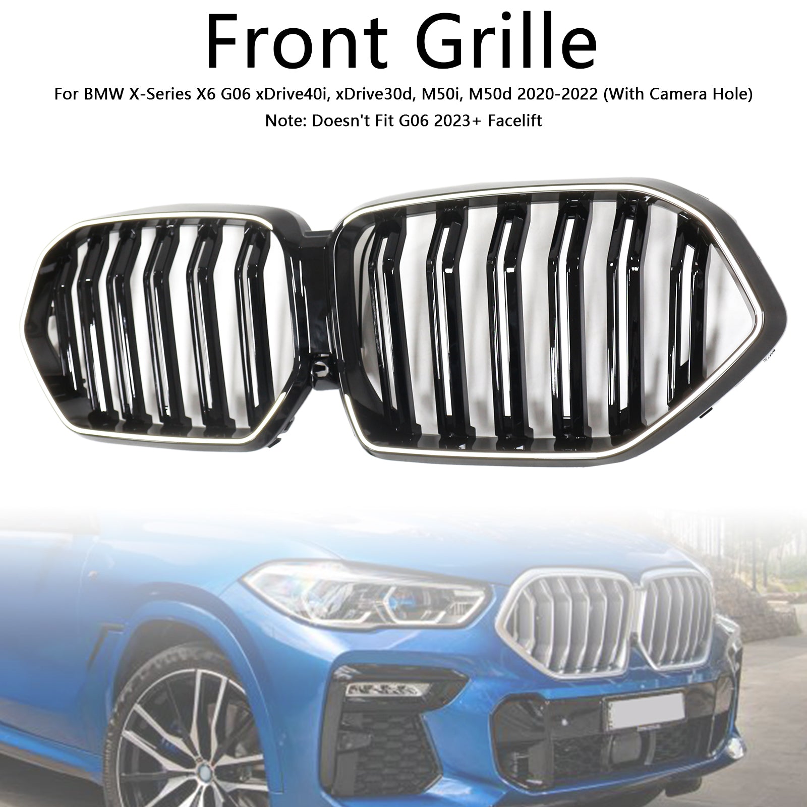 2020-2022 BMW X6 G06 M50i W/Camera Hole Gloss Black Front Bumper Grille