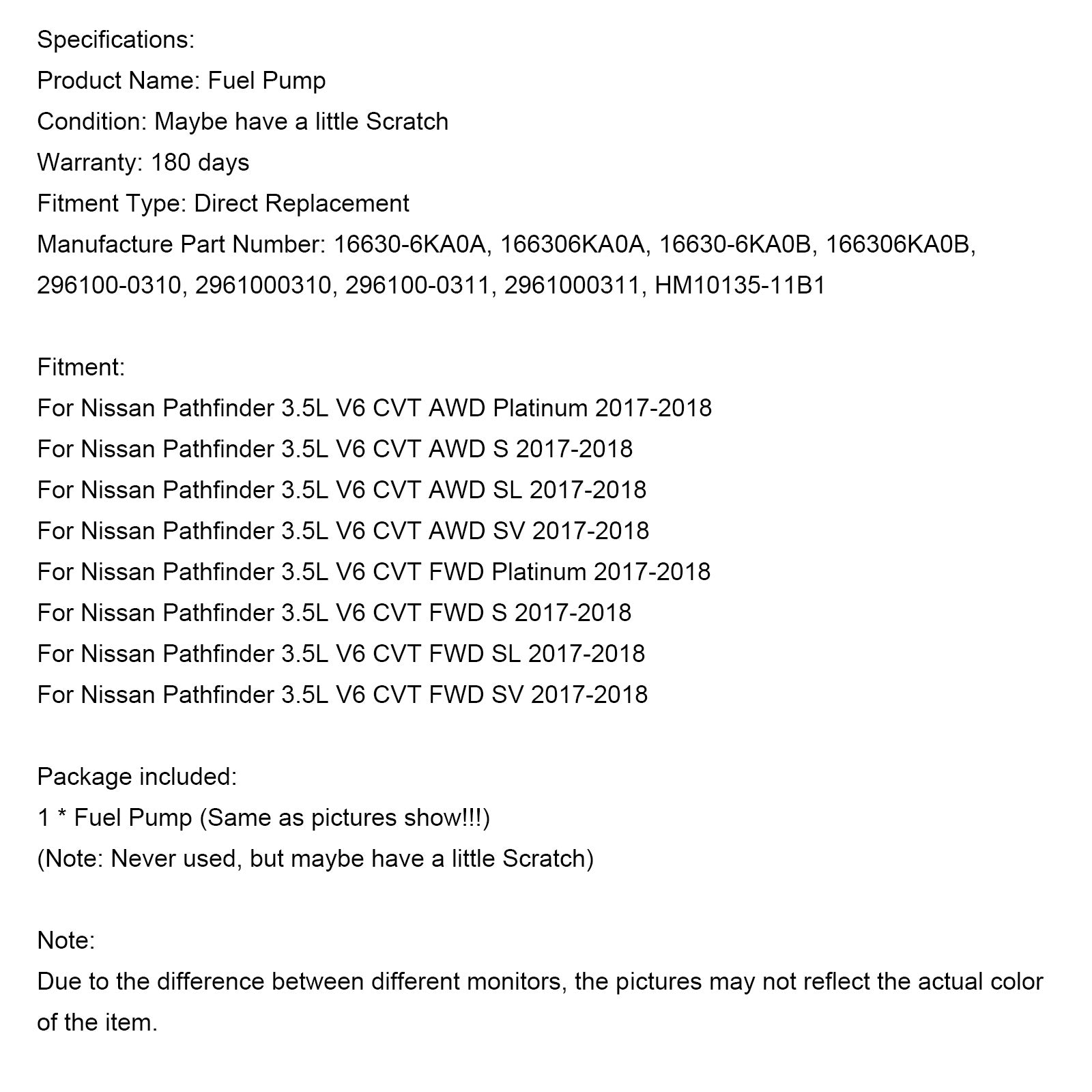 Høytrykk drivstoffpumpe passform Nissan Pathfinder Fit Infiniti QX60 17-22 166306KA0A