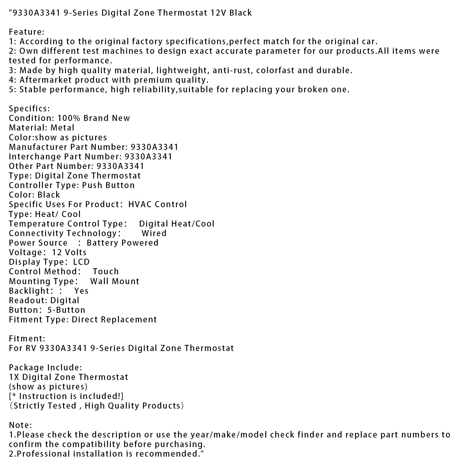 9330A3341 Termostato de zona digital serie 9 12 V negro