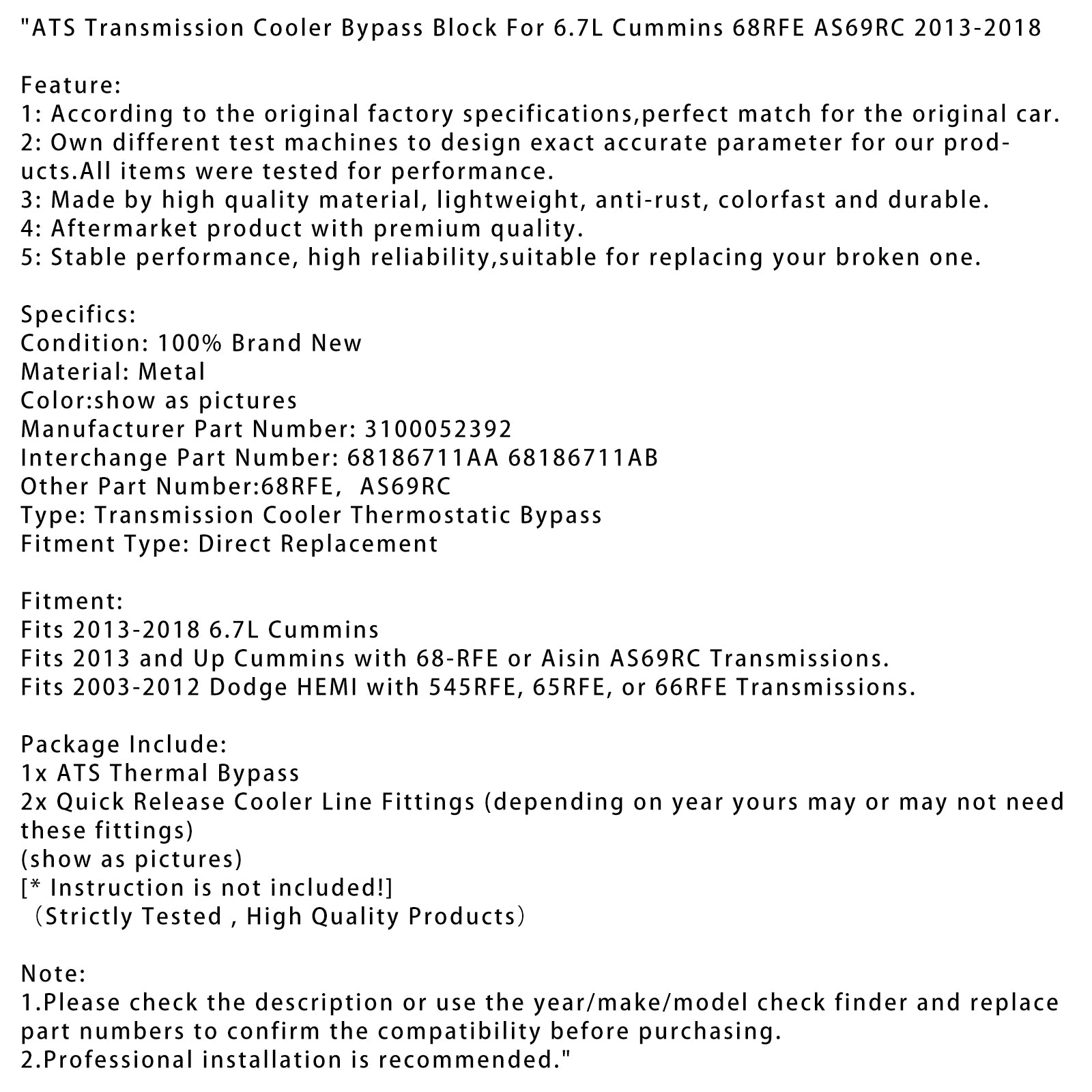 2003-2012 Dodge Hemi Aisin 545rfe 65rfe ou 66rfe Transmissões Bypass Cooler Bloco 3100052392 68186711AA