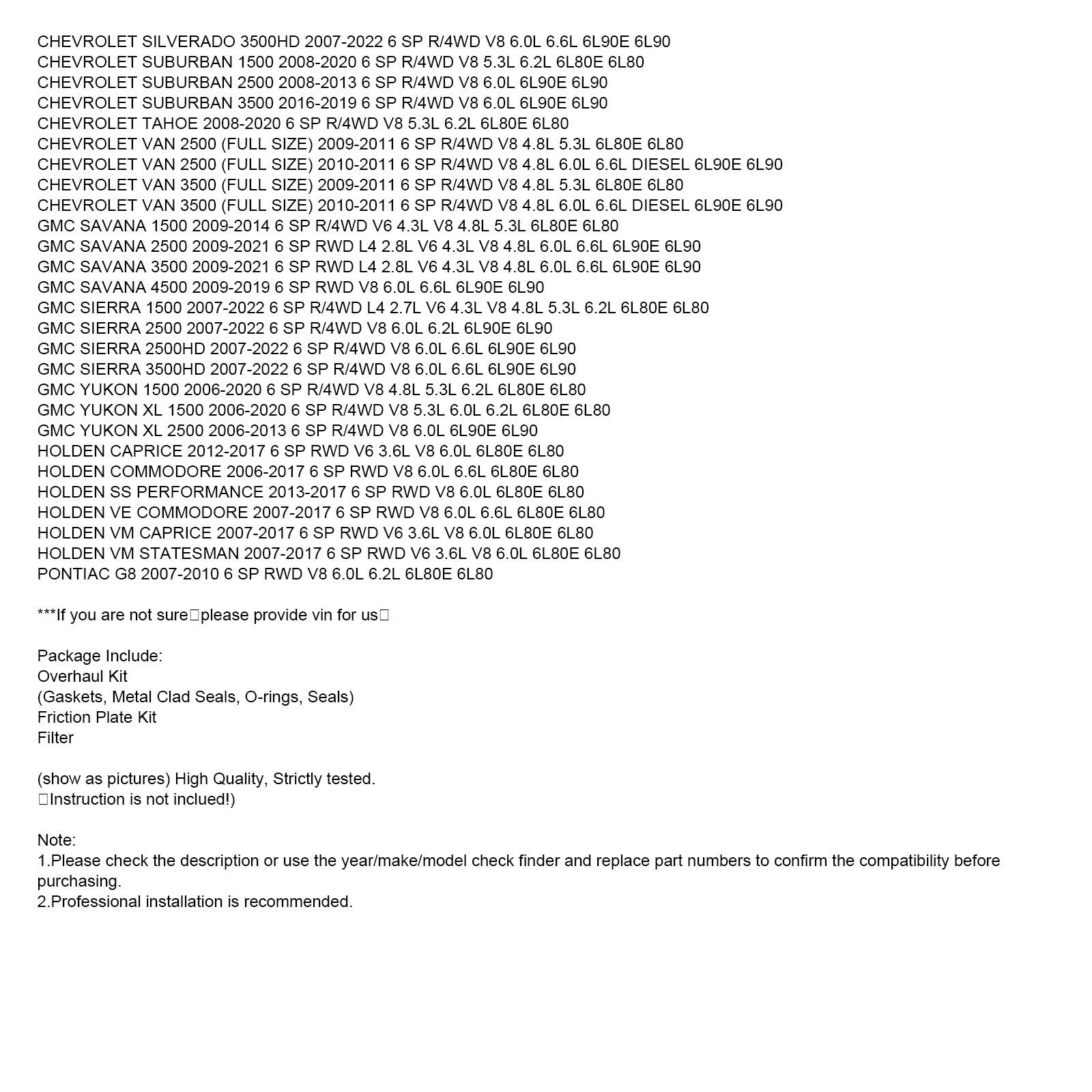 6L90 6L90E 6L80 6L80E TRANSMISSION MASTER Kit de reconstruction 24236931 KP33900JAX